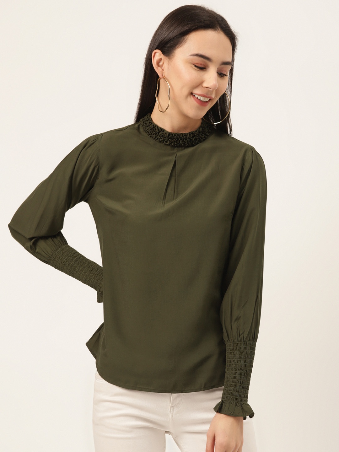 SHECZZAR Women Olive Green Pleated Solid Top