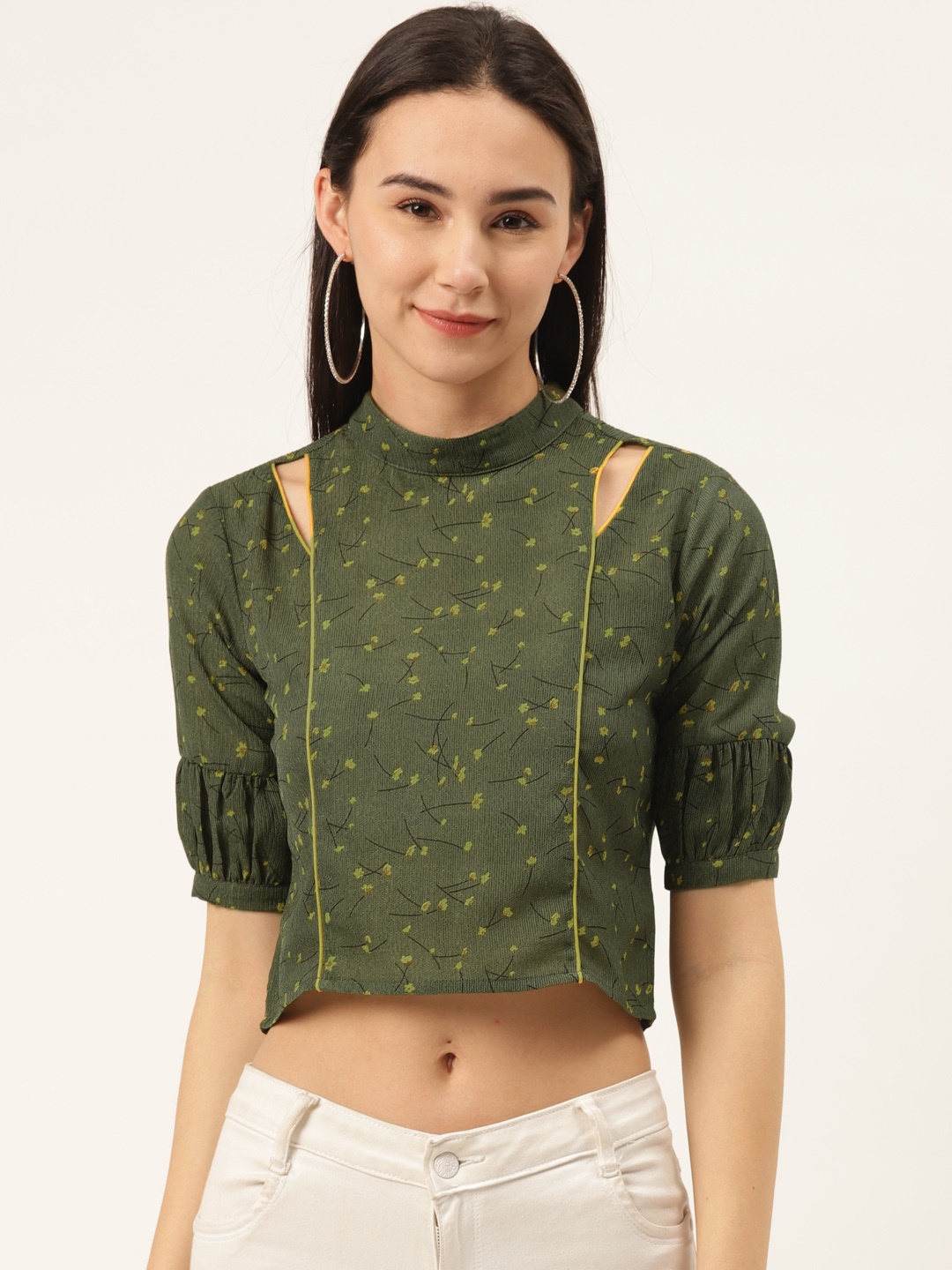 

SHECZZAR Women Olive Green & Mustard Yellow Floral Printed Crop Top