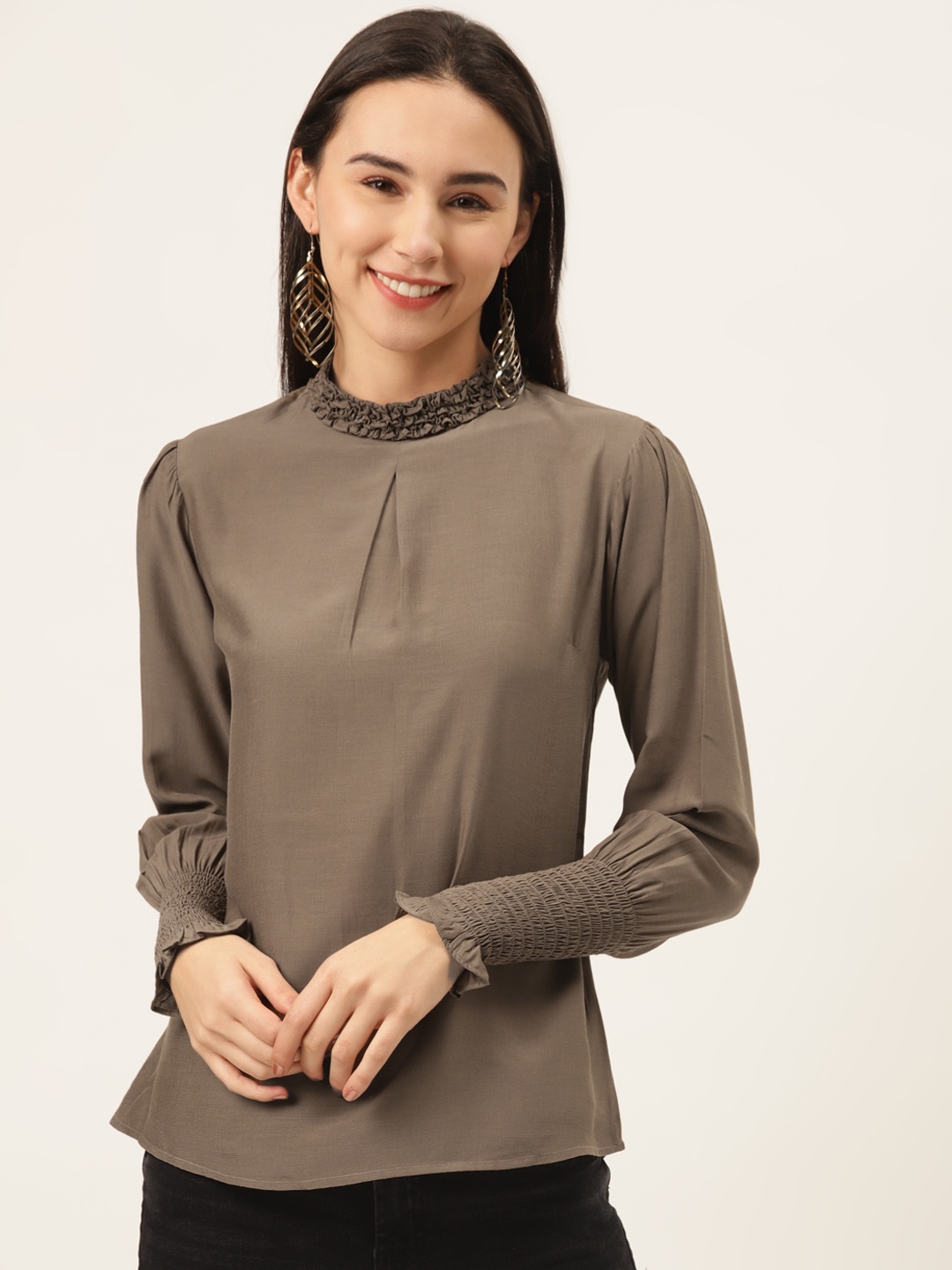 

SHECZZAR Women Olive Brown Pleated Solid Top