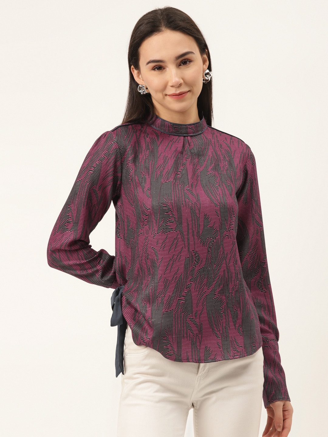 

SHECZZAR Women Magenta & Charcoal Grey Printed Top