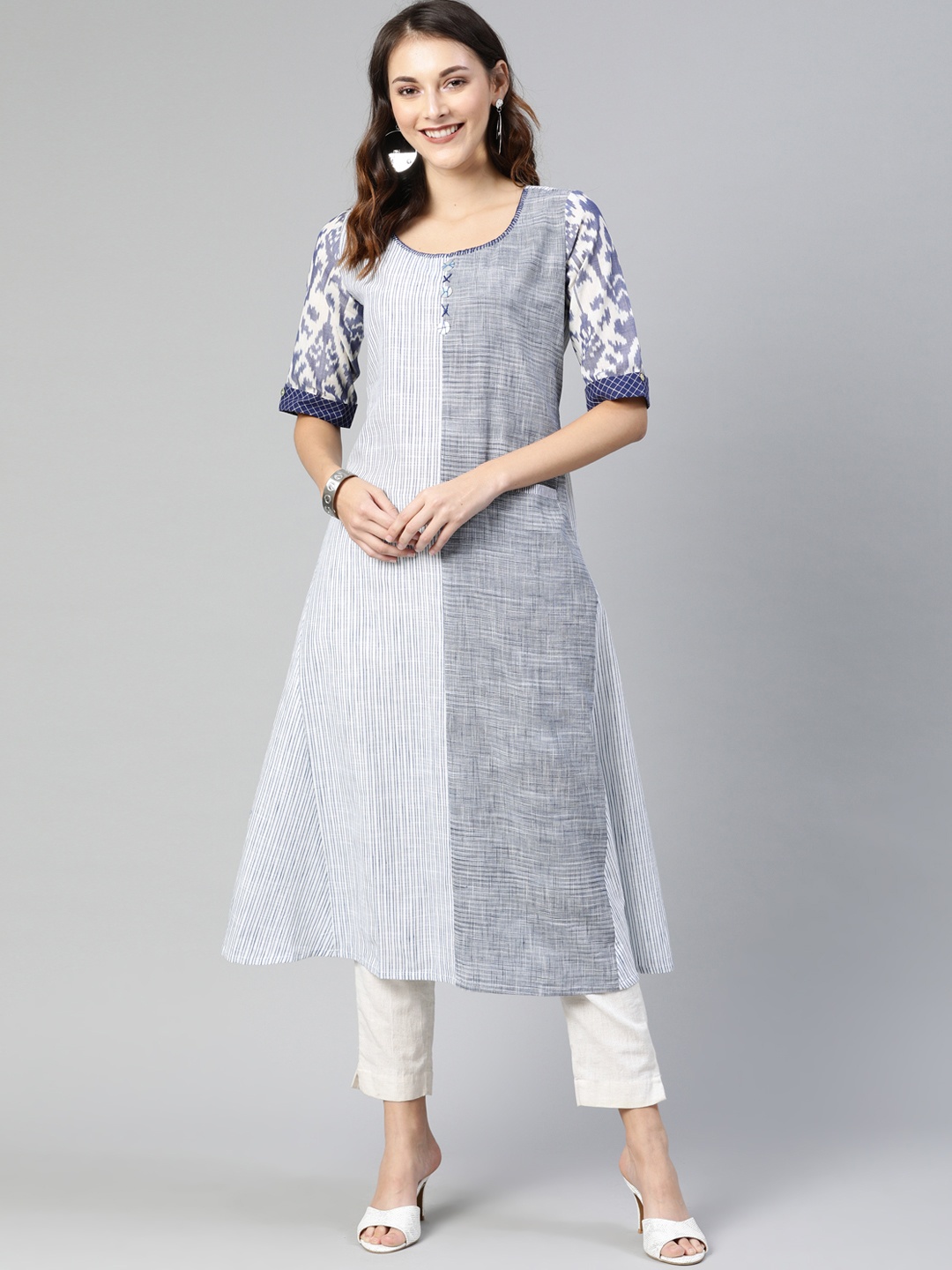 

araaliya Women Blue & Grey Colourblocked A-Line Kurta