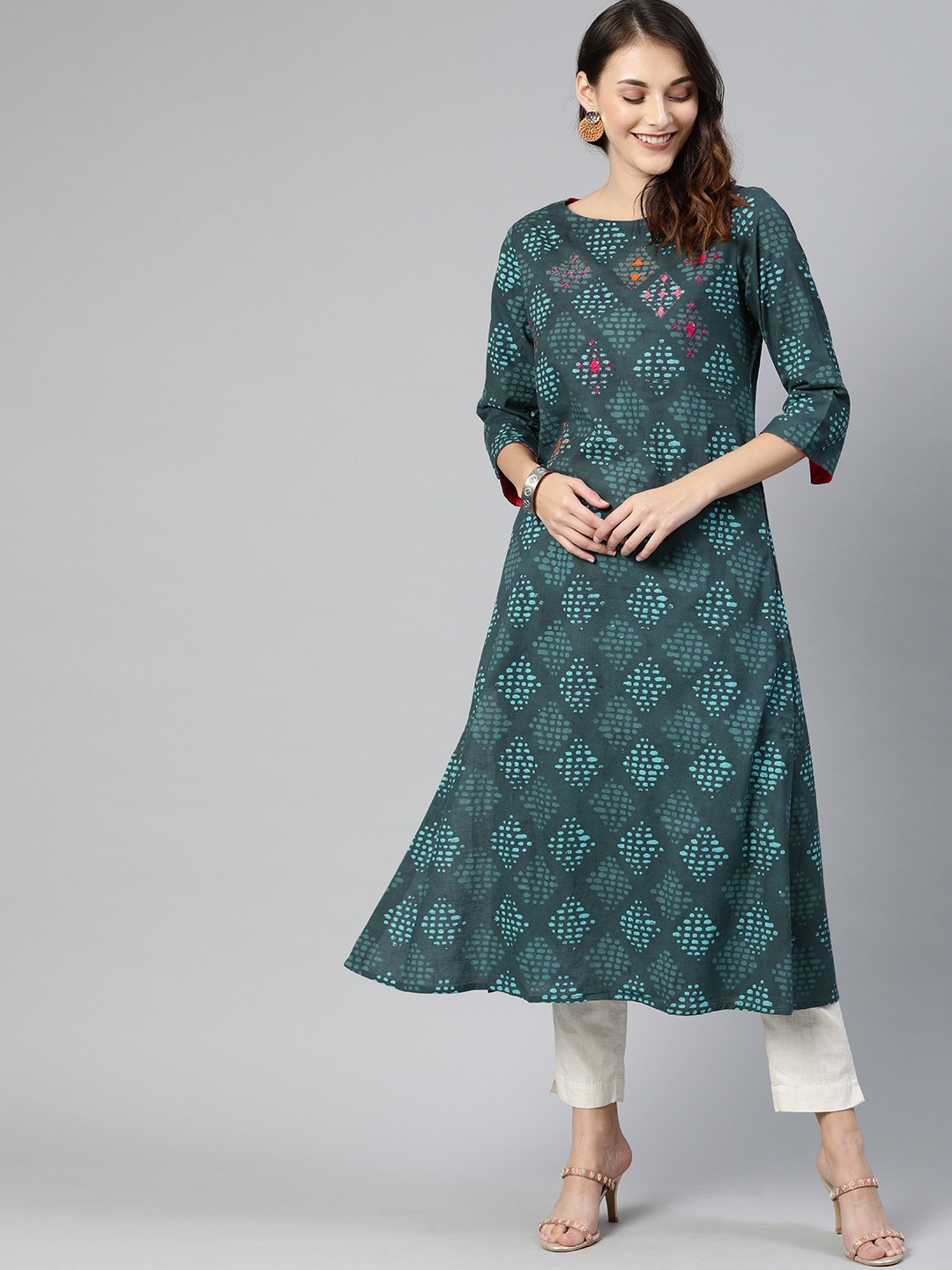 

araaliya Women Teal Green Printed A-Line Kurta