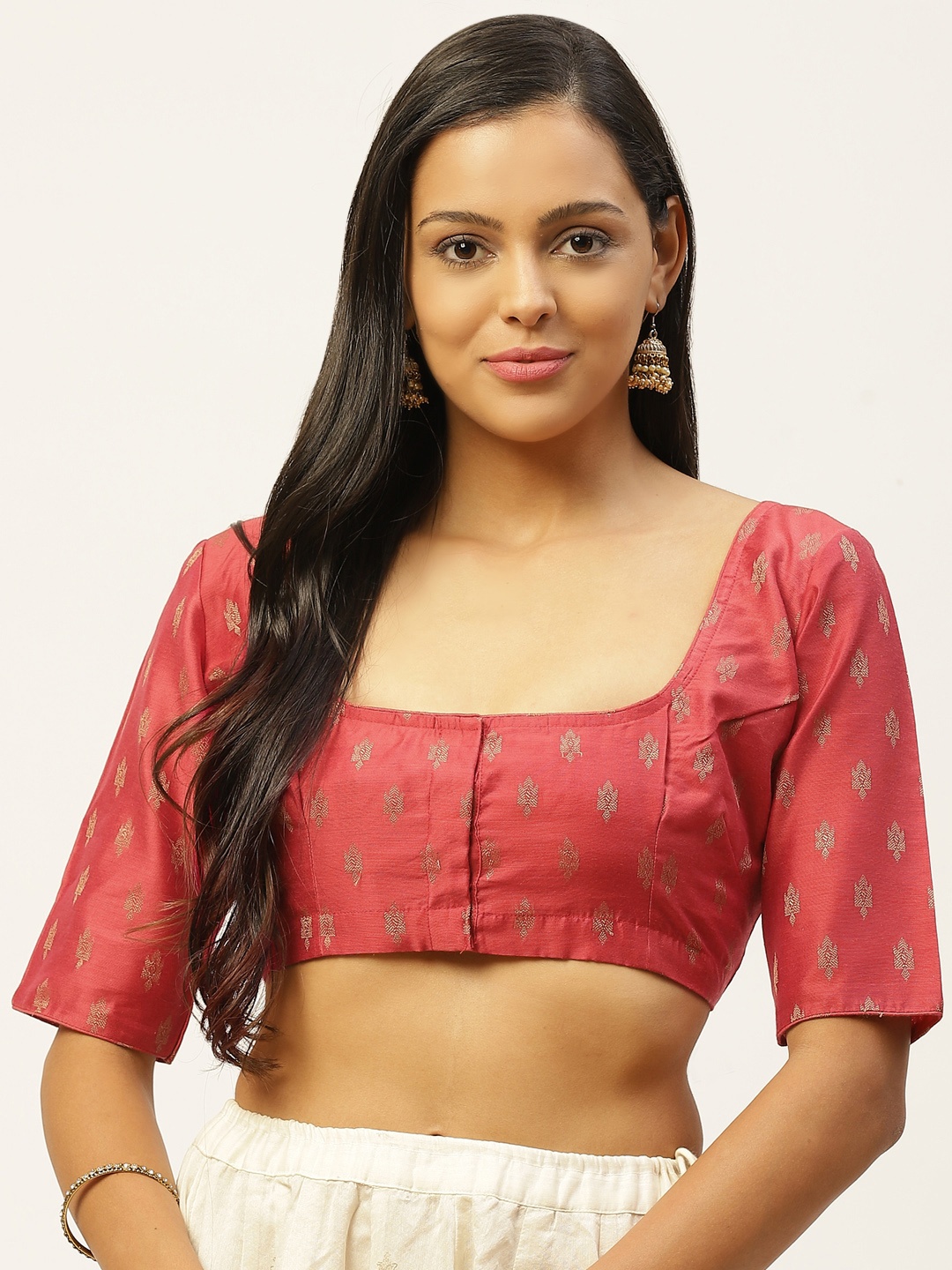 

tantkatha Red & Golden Woven Design Saree Blouse, Pink