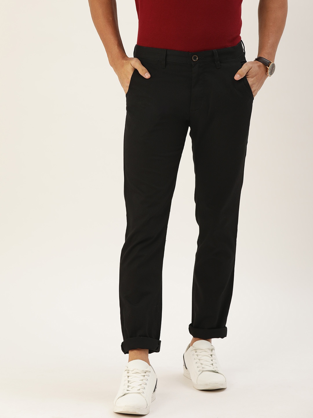 

PETER ENGLAND UNIVERSITY Men Black Slim Fit Solid Regular Trousers