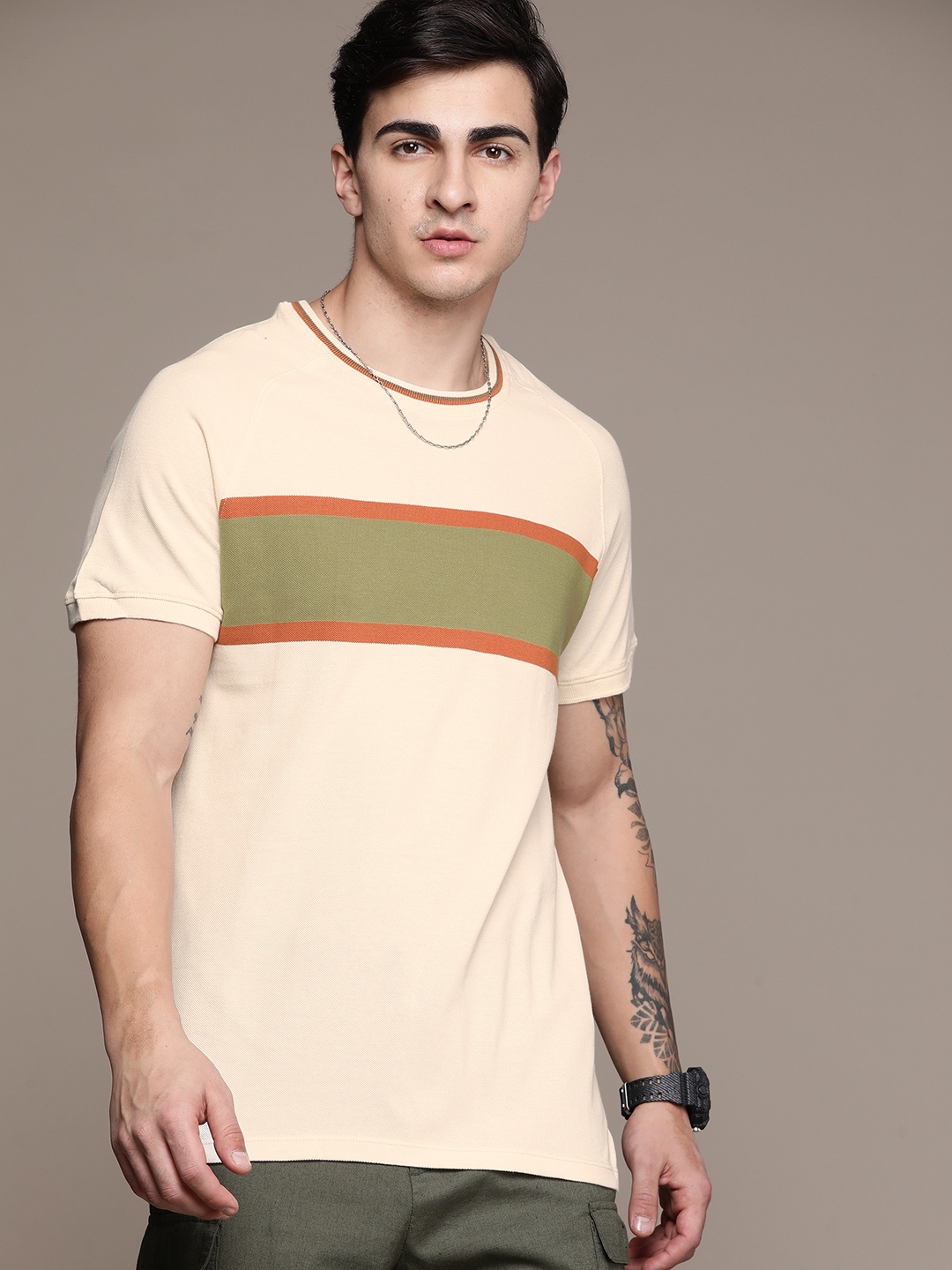

The Roadster Lifestyle Co. Striped Pure Cotton T-shirt, Cream