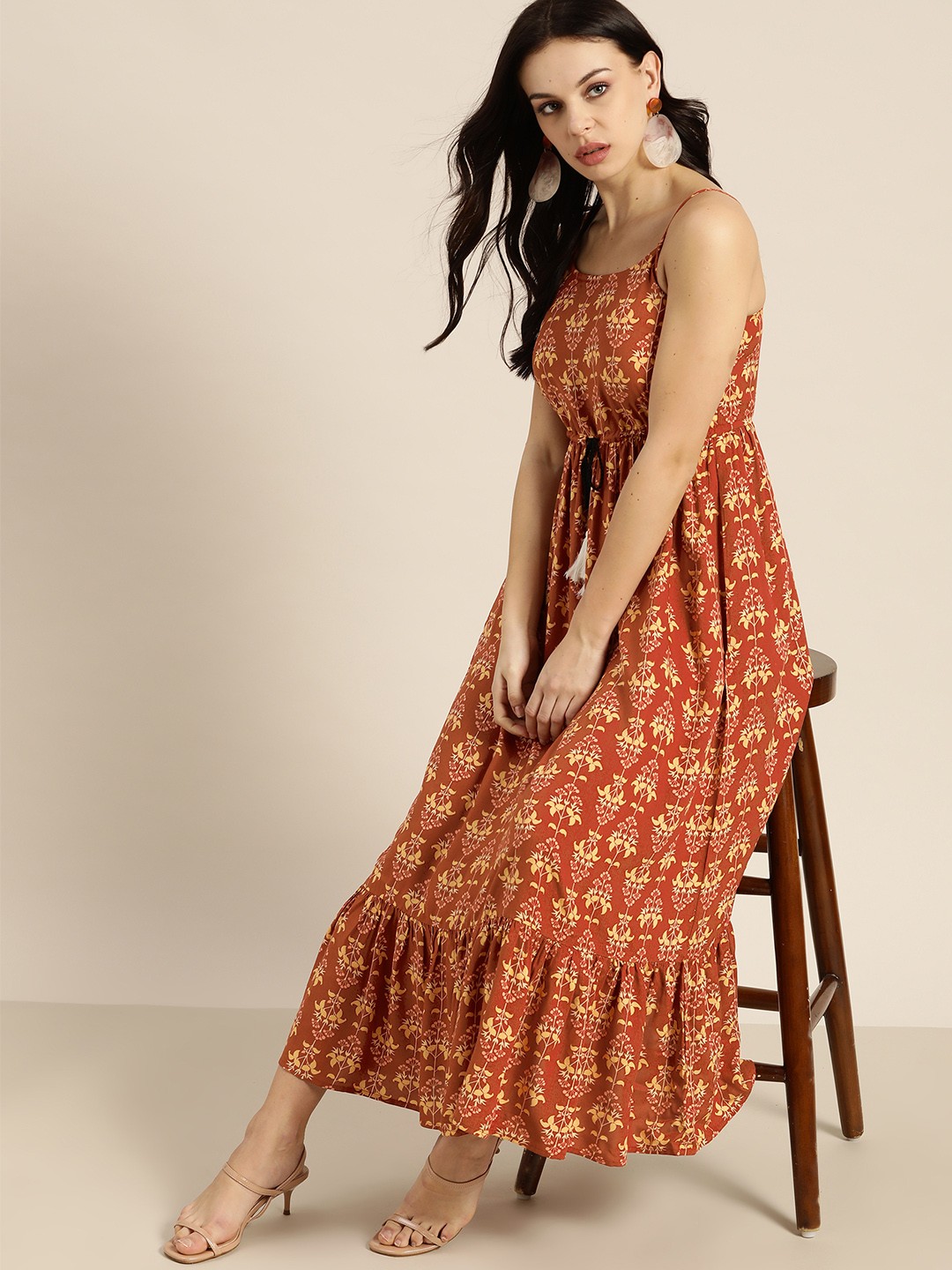

all about you Women Rust Orange & Yellow Printed Flounce Hem Maxi Dress