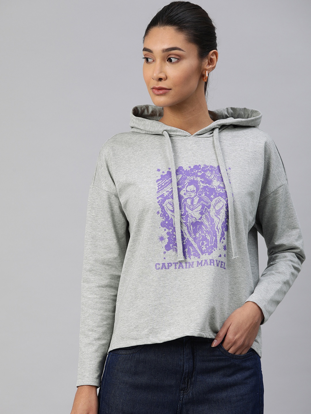 Van Heusen Woman Women Grey Melange Printed Hooded Sweatshirt