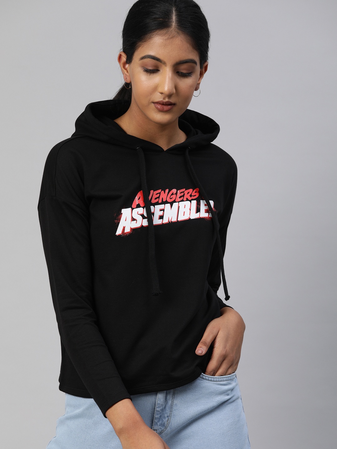 Van Heusen Woman Black & White Avengers Printed Hooded Sweatshirt