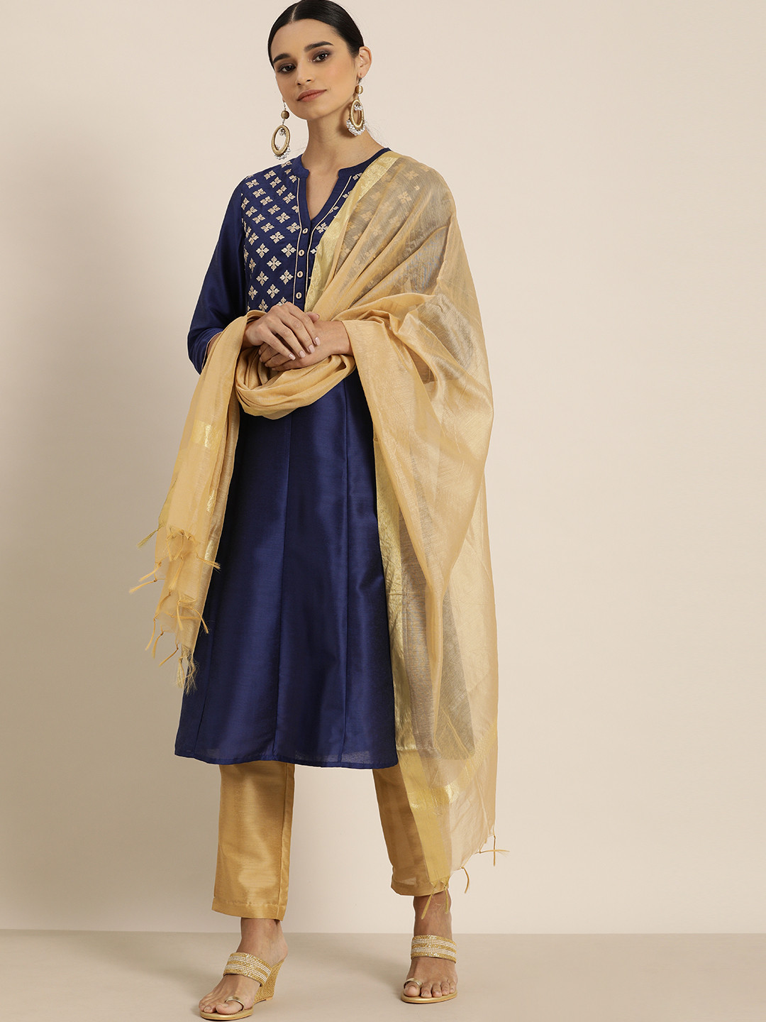 

all about you Women Blue & Gold-Toned Embroidered Panelled Kurta with Trousers & Dupatta