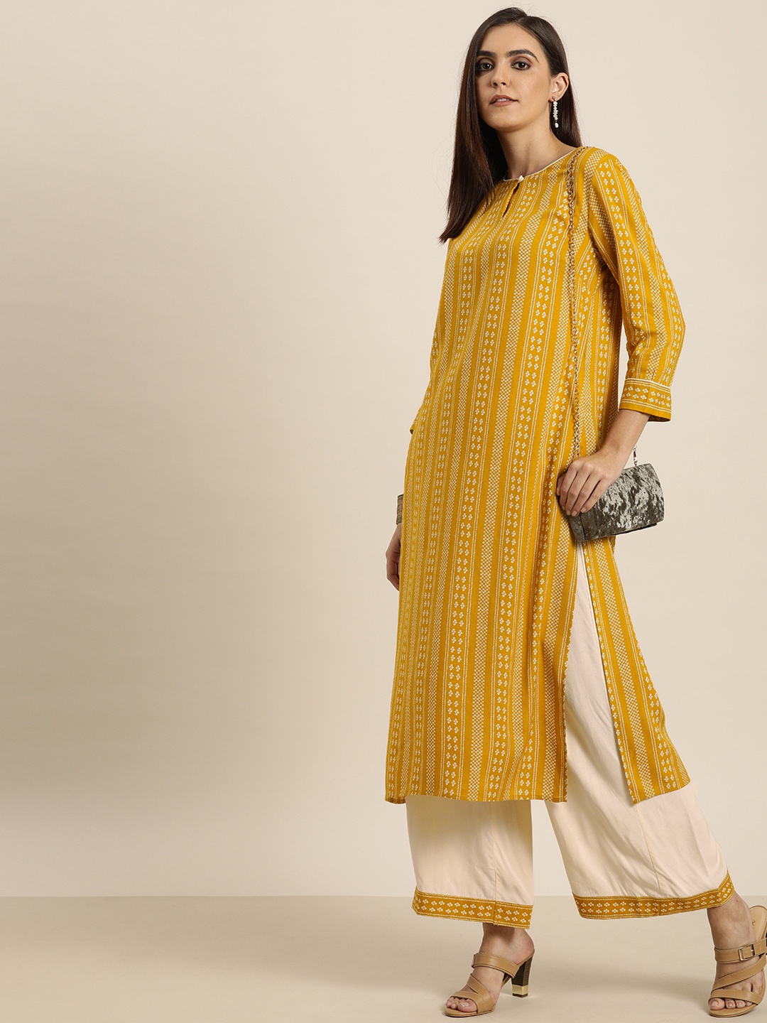 

all about you Women Mustard & White Printed Kurta with Palazzos