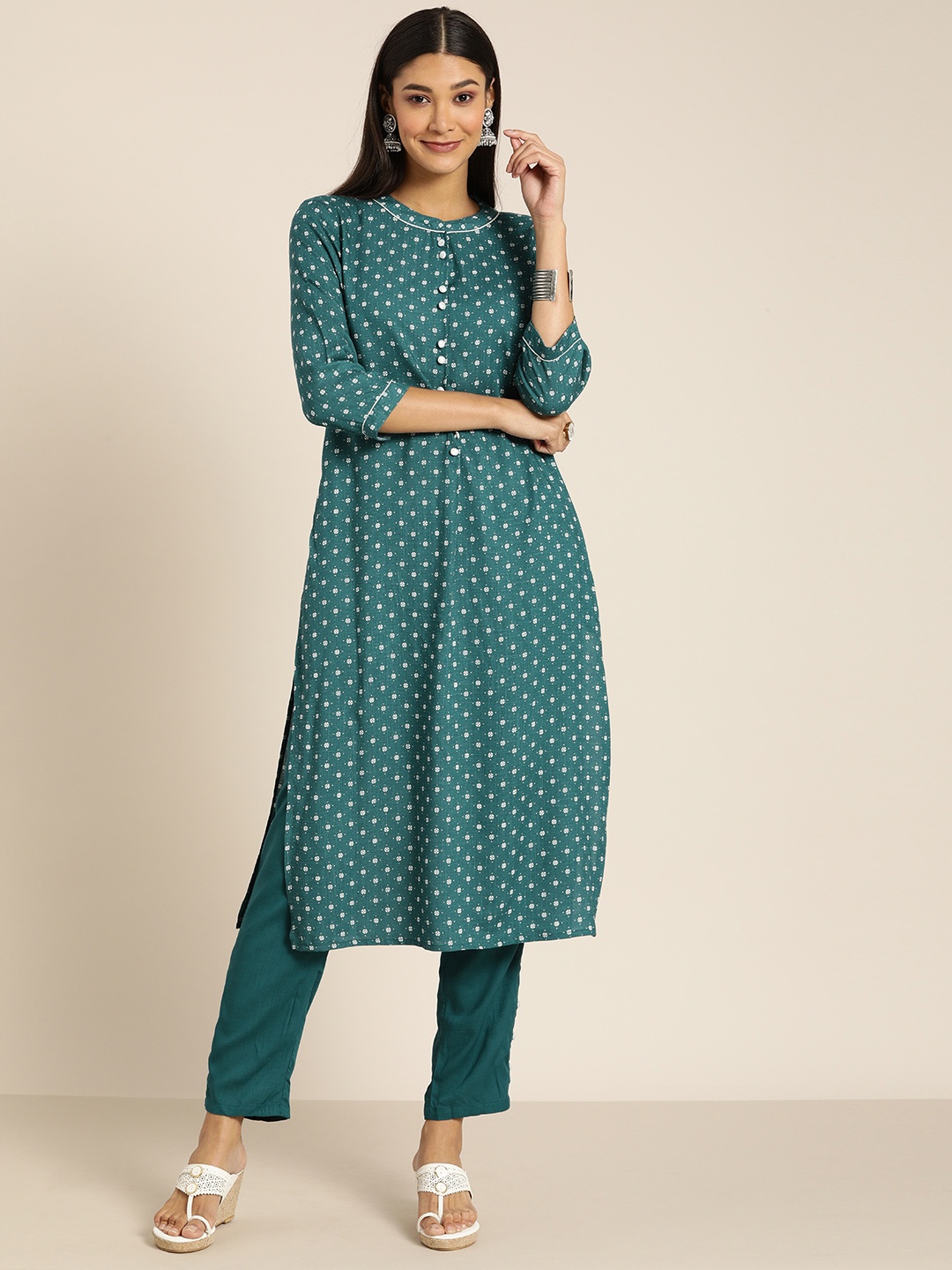 

all about you Women Teal Green & Off-White Printed Kurta with Trousers