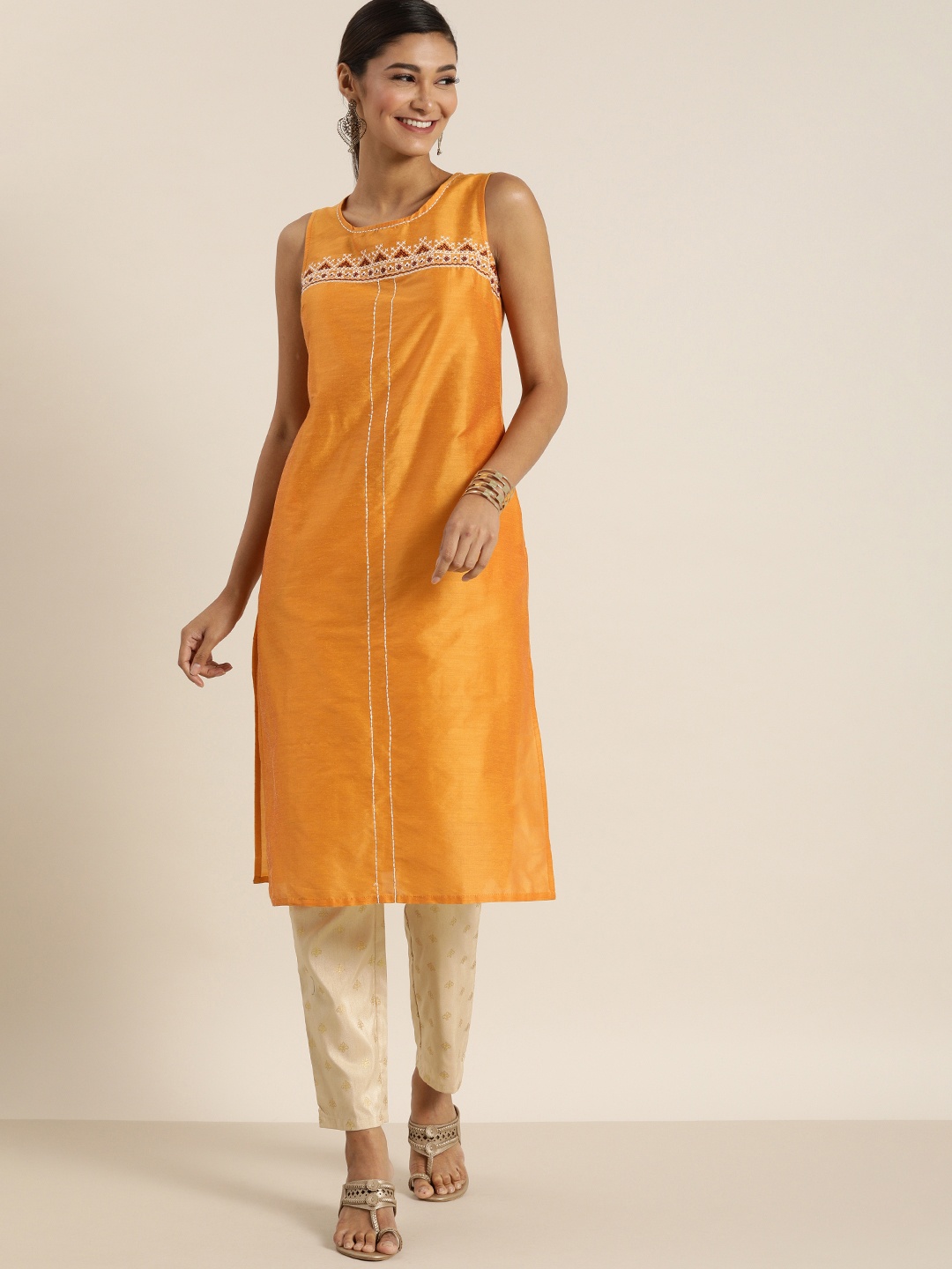 

all about you Women Mustard Yellow Geometric Embroidered Thread Work Straight Kurta