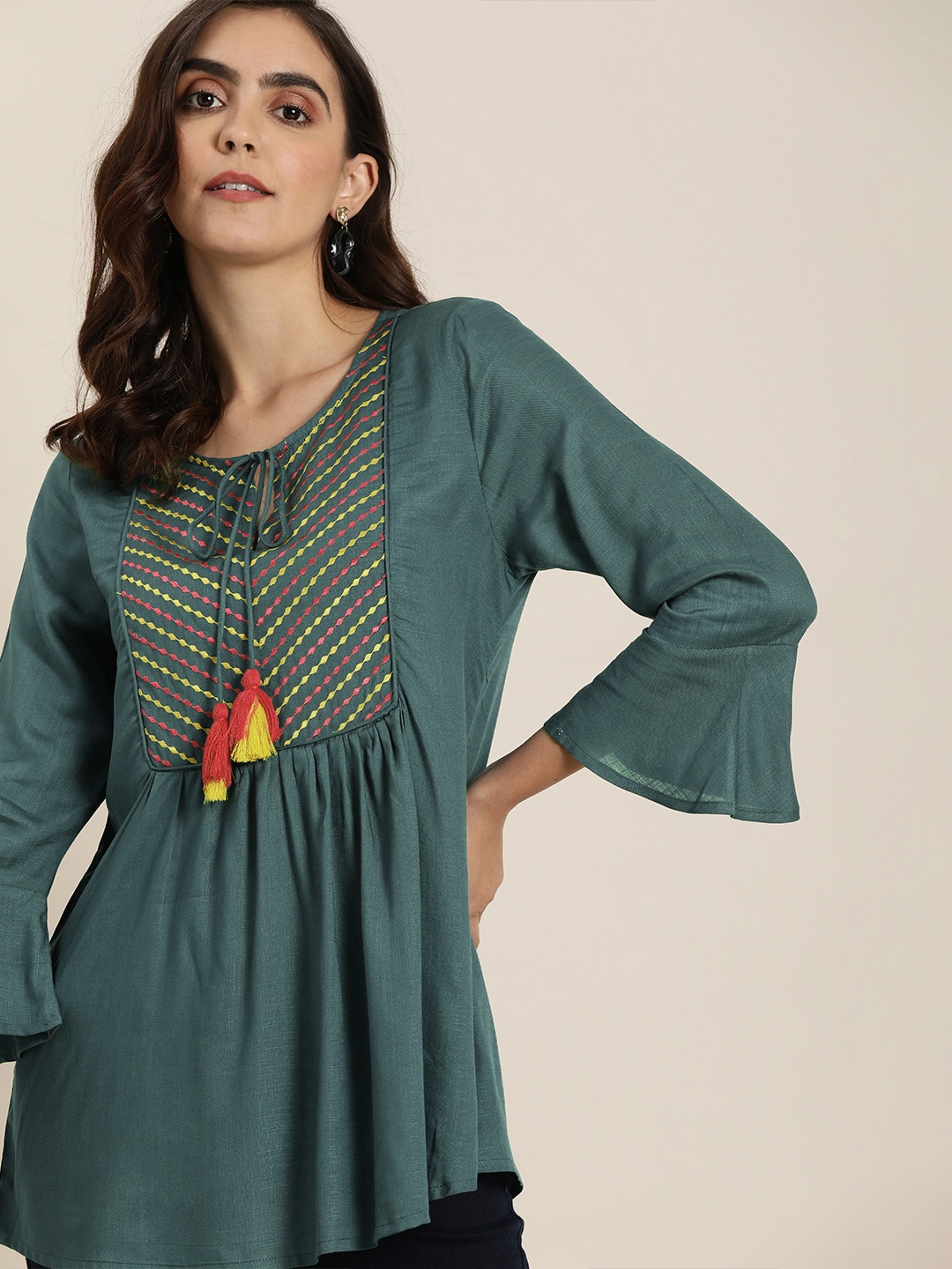 

all About You Women Green Yoke Design Embroidered Kurti