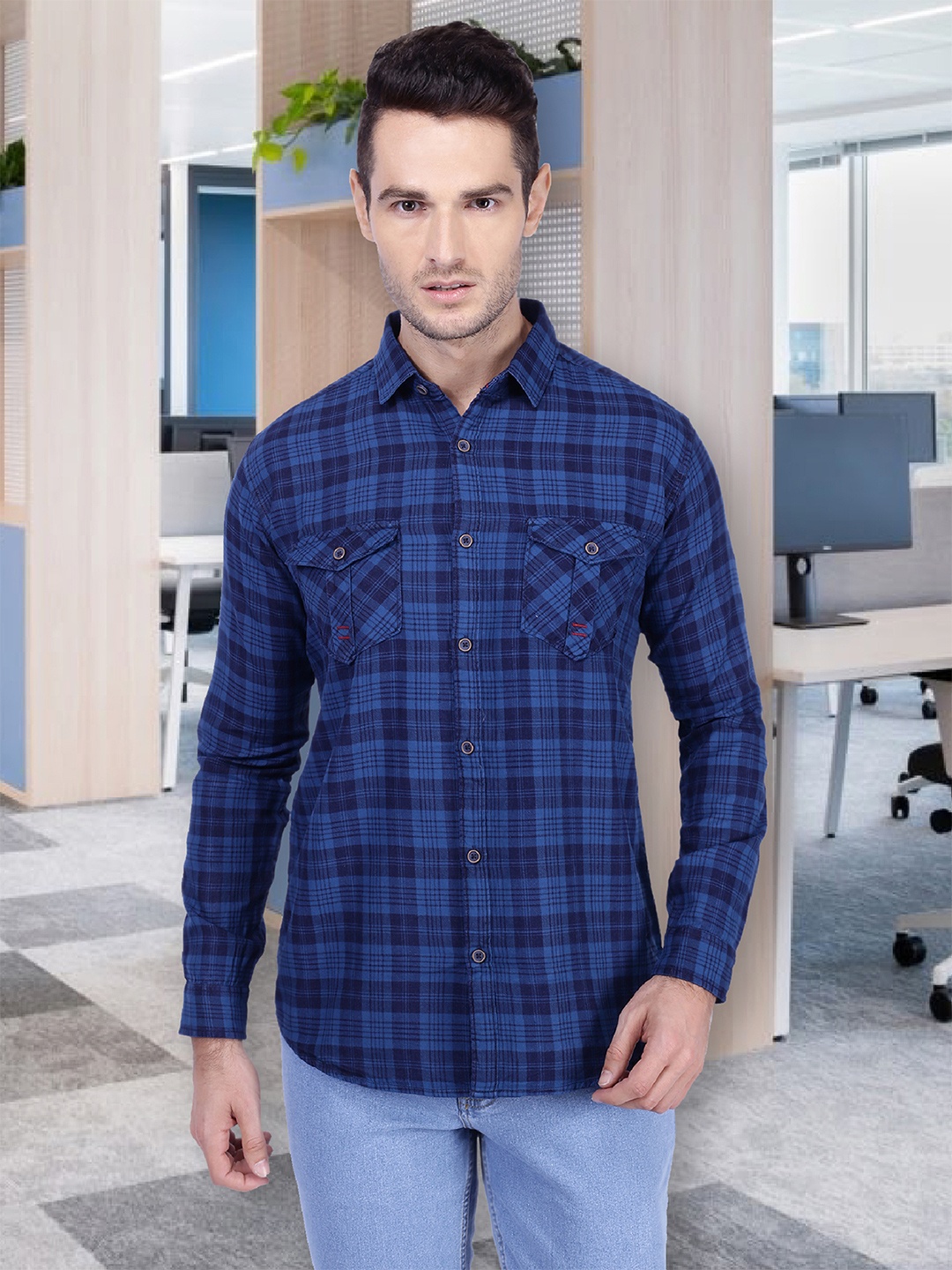 

Kuons Avenue Men Blue Smart Slim Fit Checked Casual Shirt