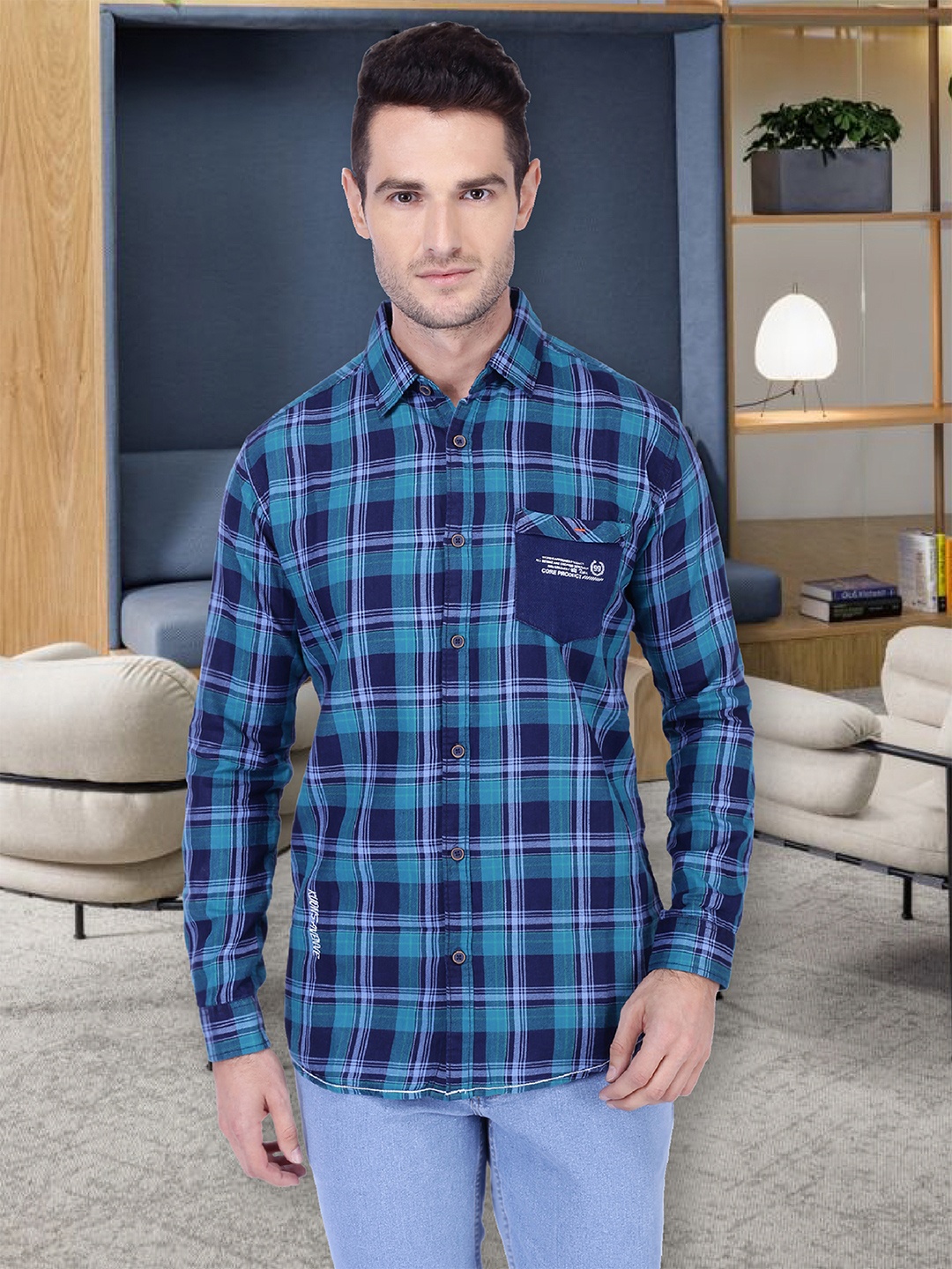 

Kuons Avenue Men Green & Blue Slim Fit Checked Casual Shirt