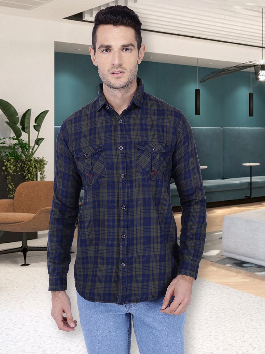 

Kuons Avenue Men Olive Brown & Navy Blue Slim Fit Checked Casual Shirt