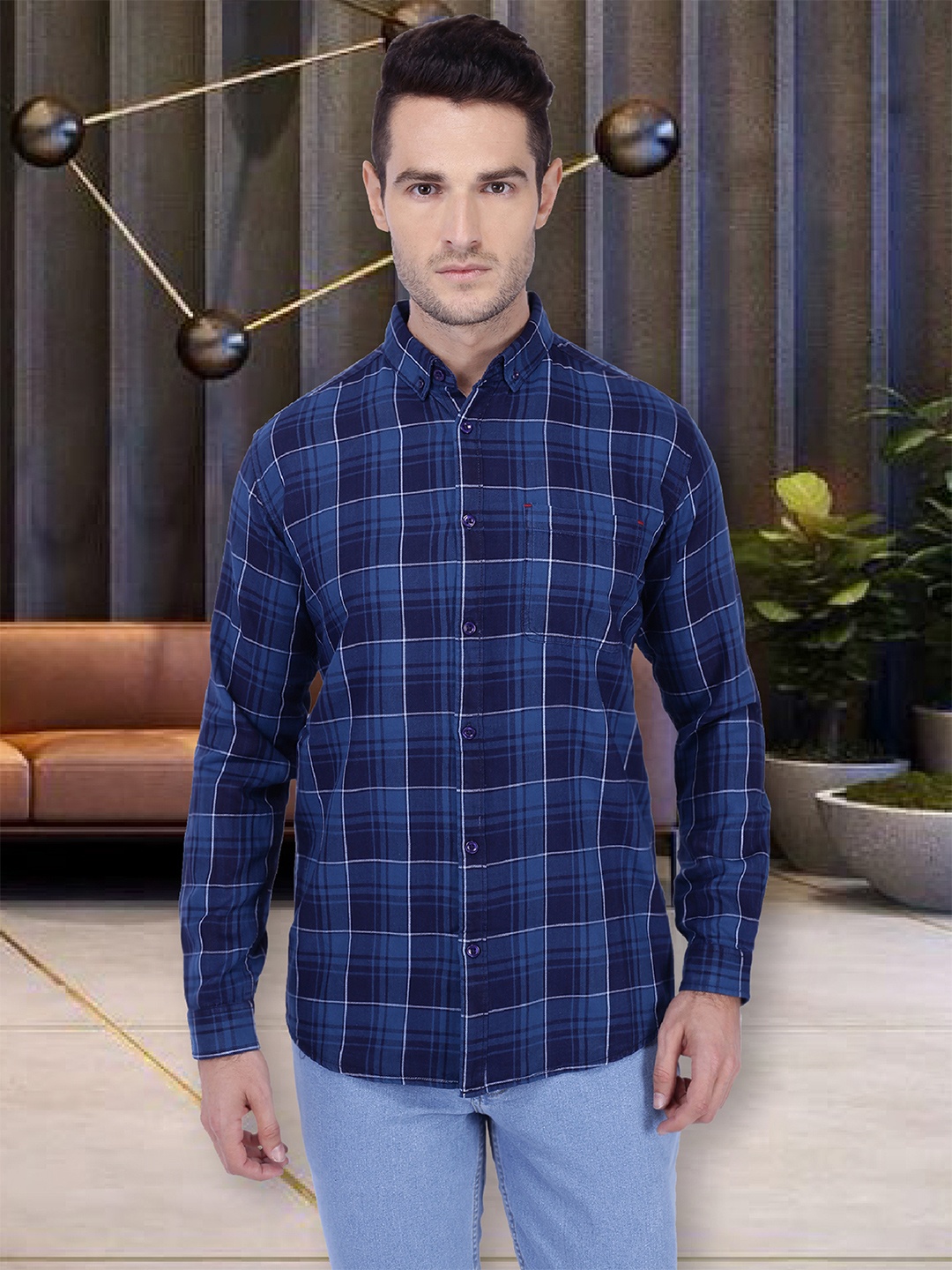 

Kuons Avenue Men Blue Smart Slim Fit Checked Casual Shirt