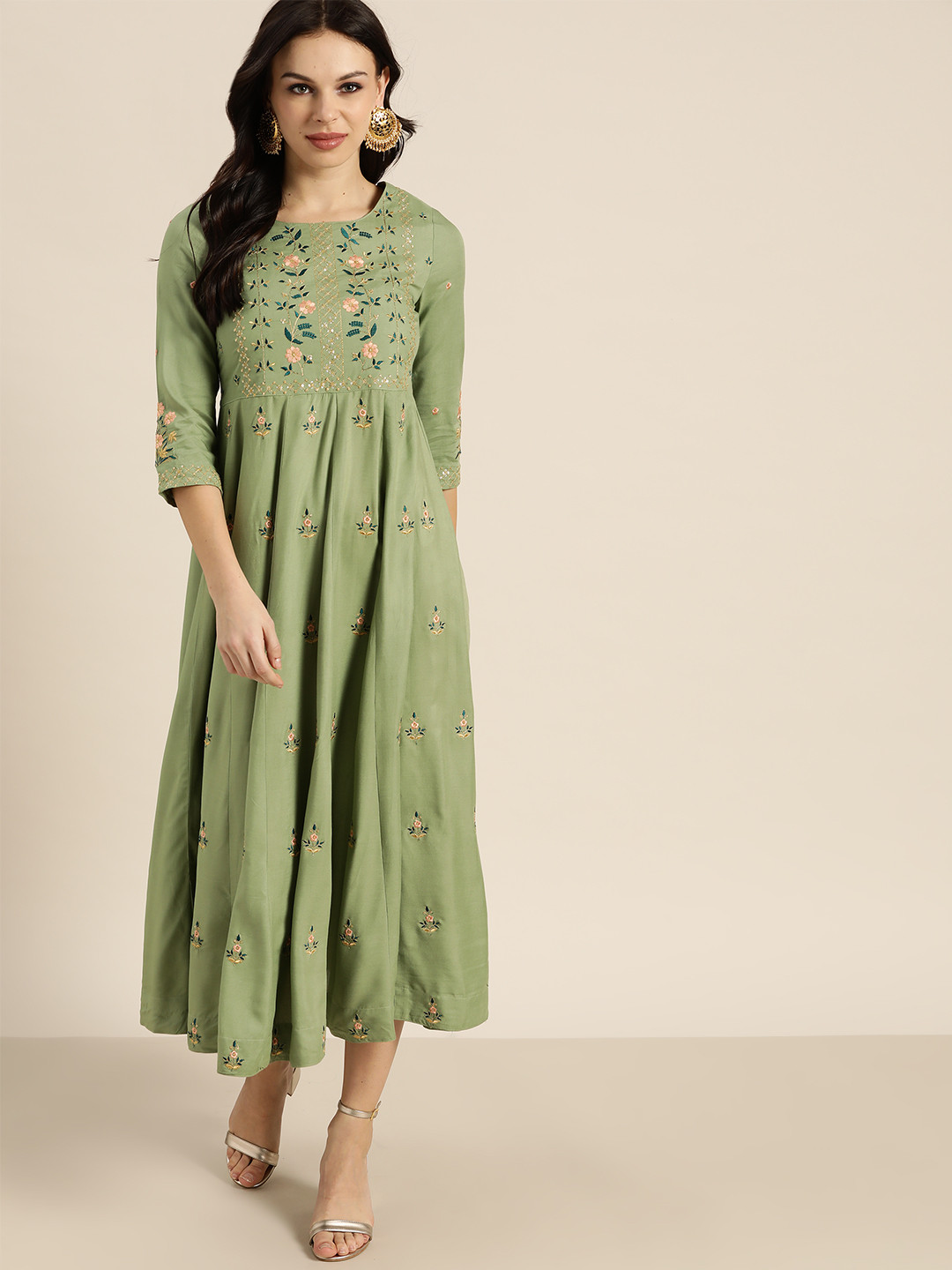 

all about you Women Green & Peach-Coloured Embroidered Maxi Dress