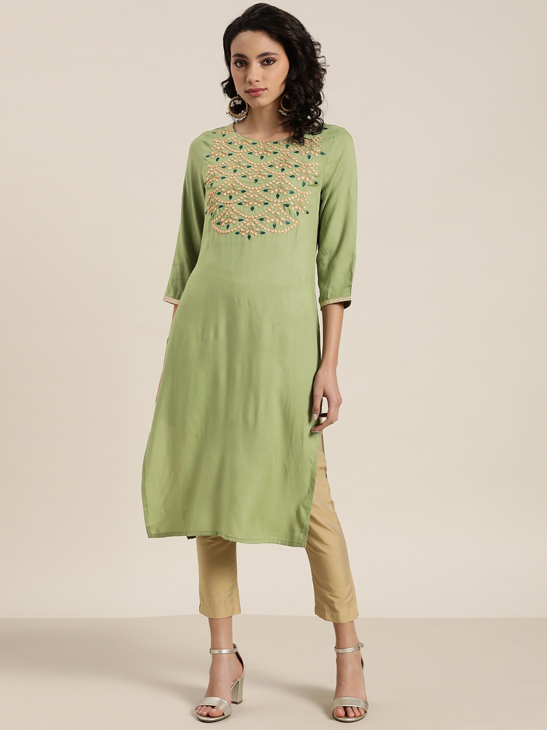 

all about you Women Green & Golden Zari Embroidered Yoke Design Straight Kurta