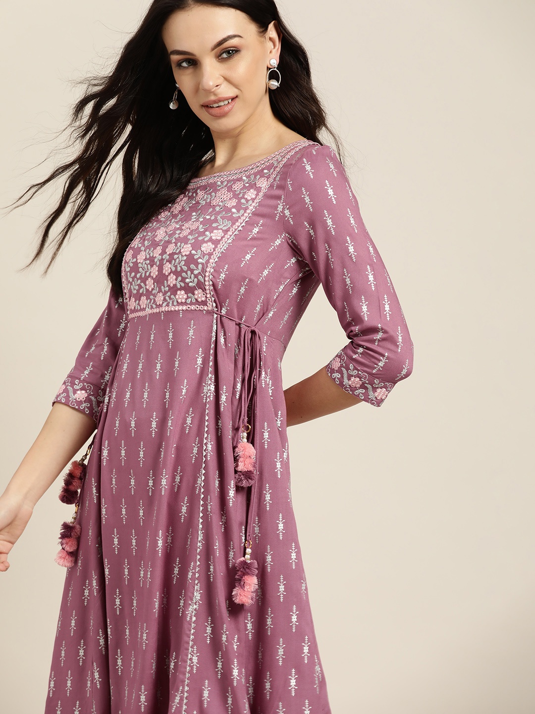 

all about you Purple & Silver Ethnic Motifs Gotta Patti Detail Kurta