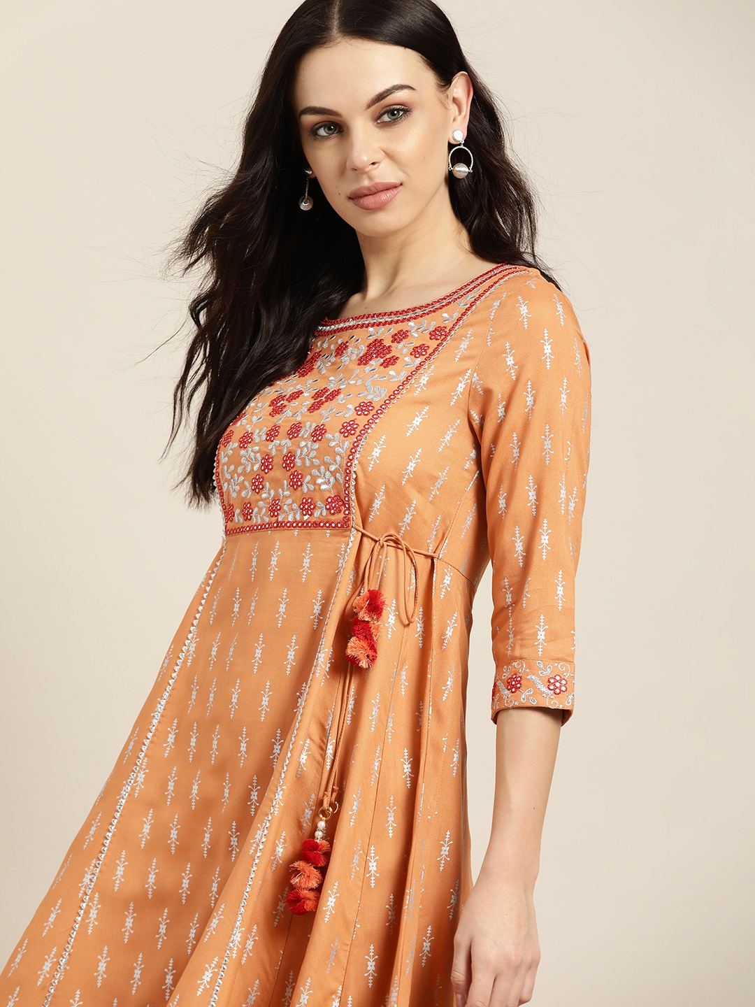 

all about you Orange & Silver Ethnic Motifs Gotta Patti Detail Kurta
