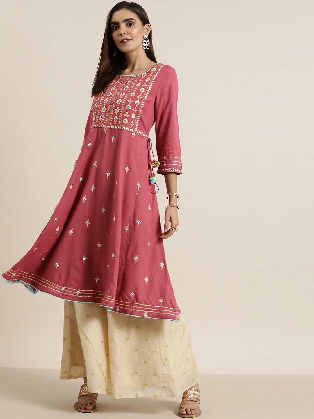 

all about you Women Pink Floral Embroidered A-Line Kurta