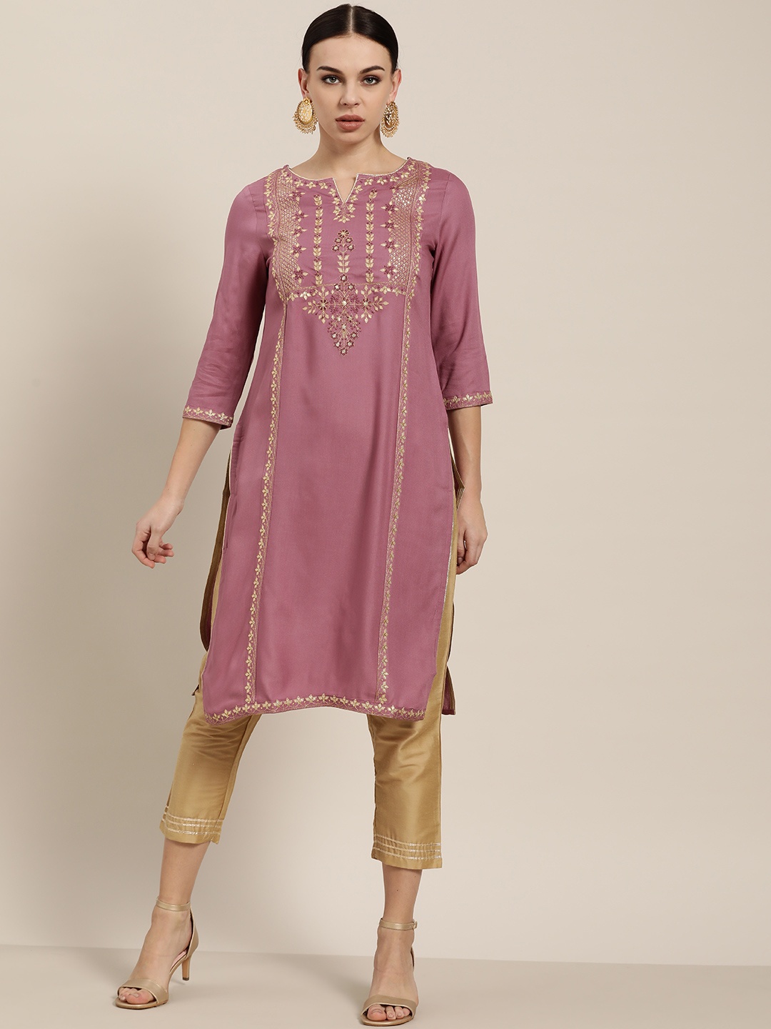 

all about you Women Purple & Golden Sequinned & Thread-Work Straight Kurta