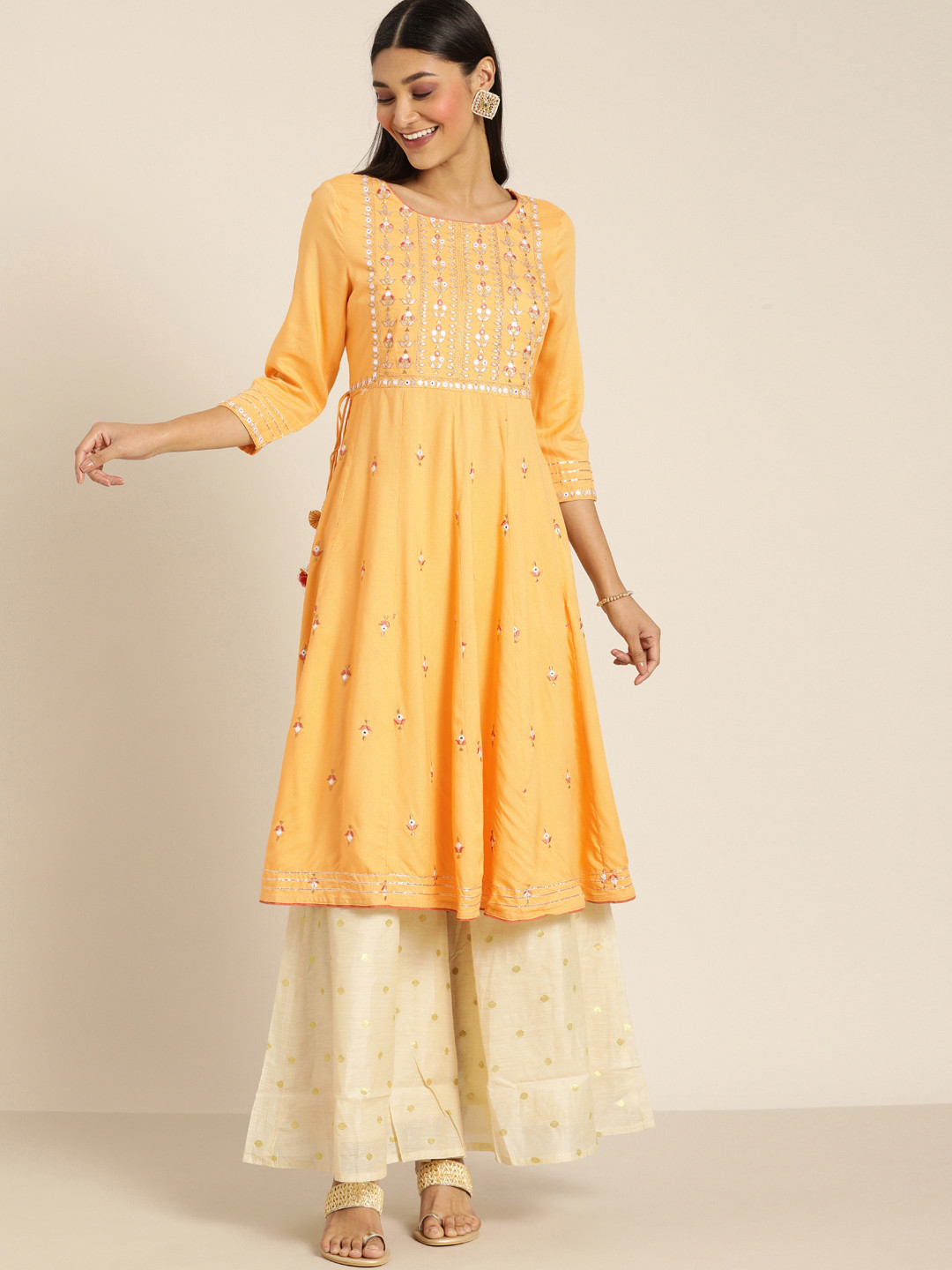 

all about you Women Yellow Embroidered A-Line Kurta