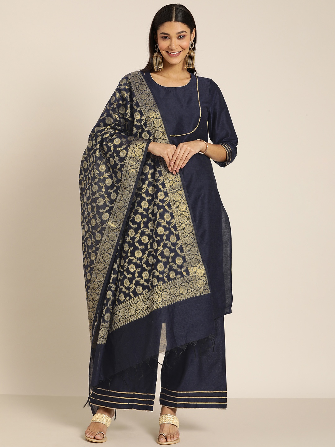 

all about you Women Navy Blue & Gold-Coloured Solid Kurta with Palazzos & Dupatta