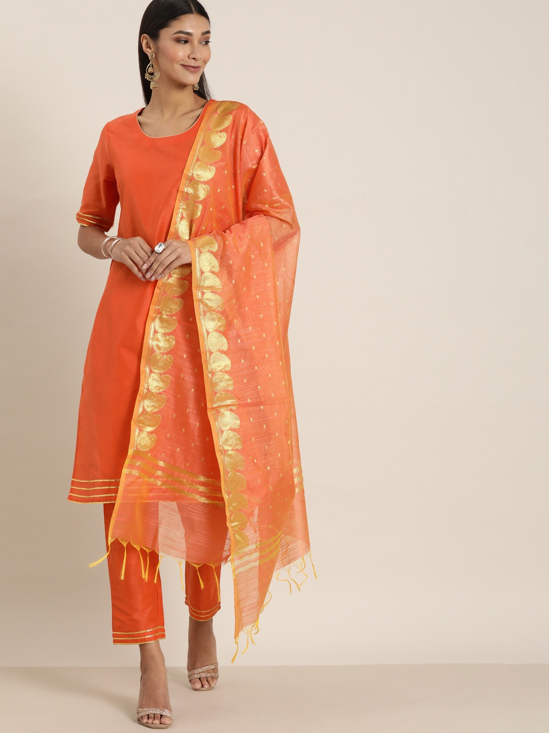 

all about you Women Orange Solid Gotta Patti Detailed Kurta with Trousers & Dupatta