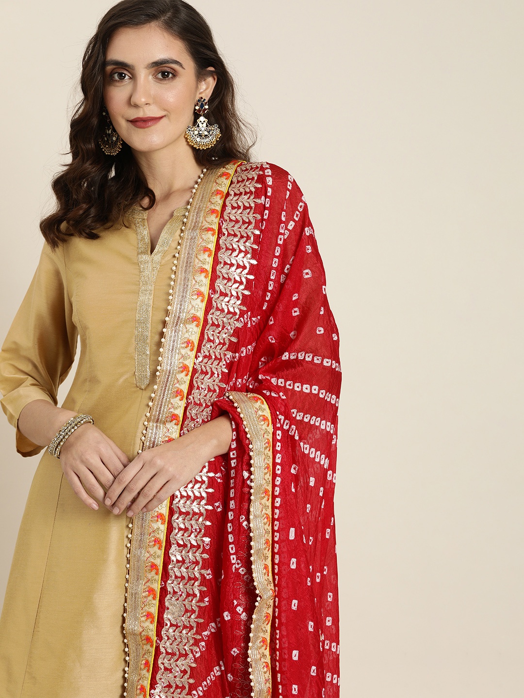 

all about you Women Beige & Red Solid Kurta with Palazzos & Dupatta