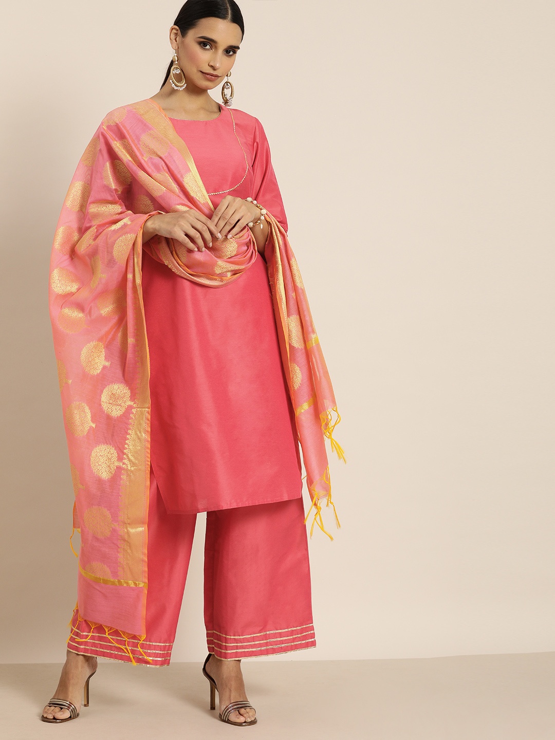 

all about you Women Pink Solid Kurta with Palazzos & Woven Design Dupatta