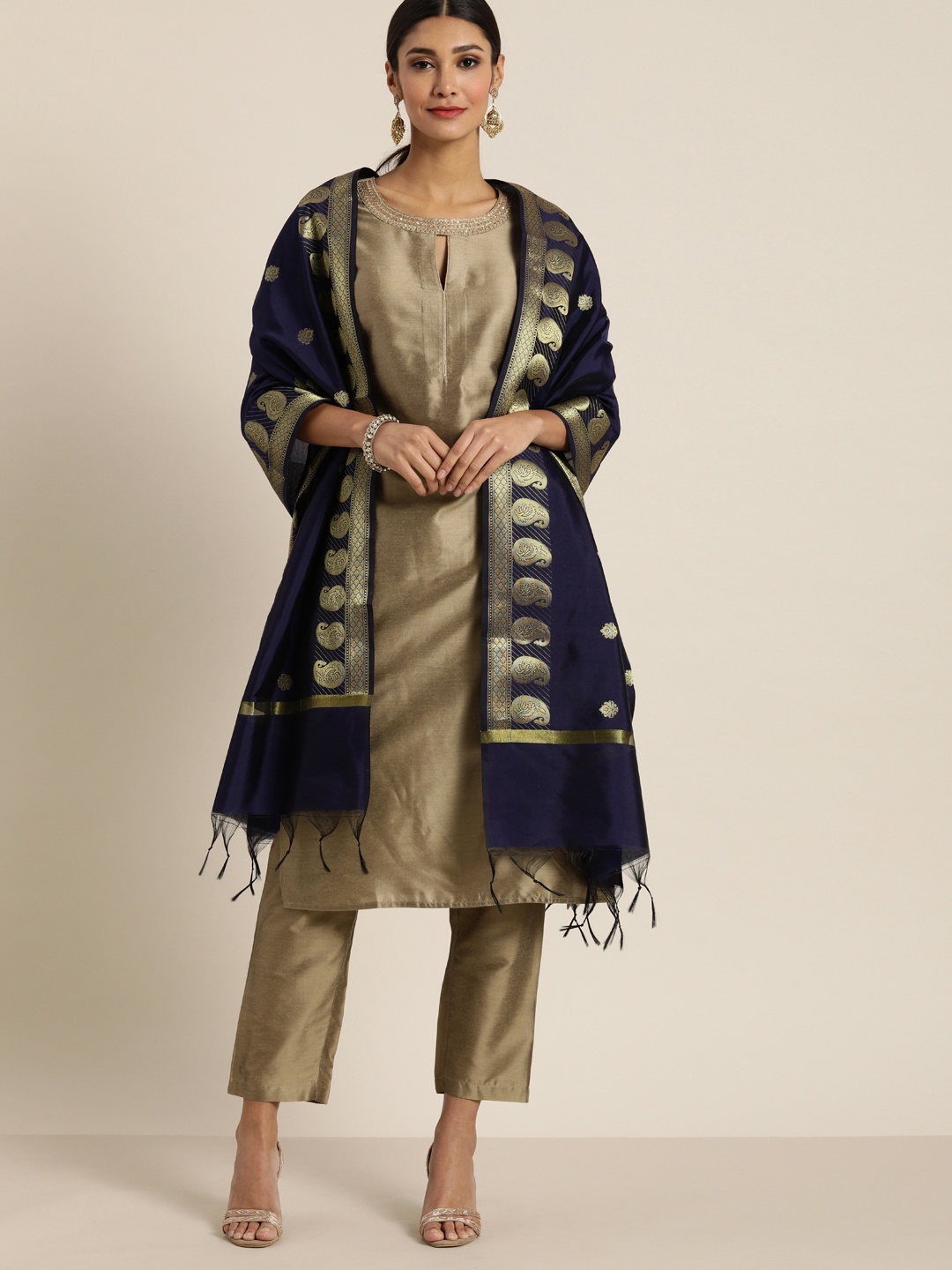 

all about you Women Beige Solid Kurta with Trousers & Dupatta