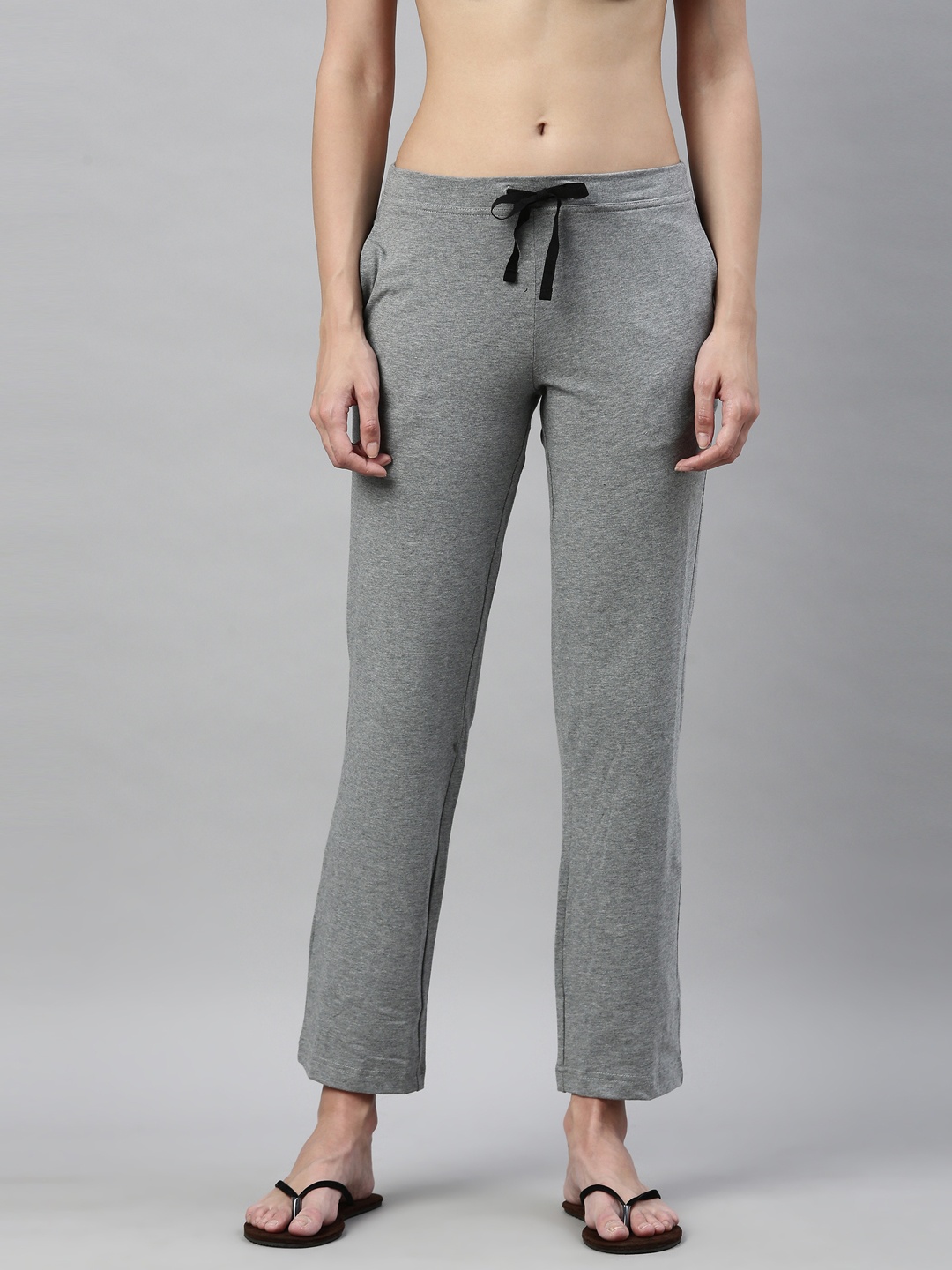 

Enamor E014 Mid-Rise Straight Leg Lounge Pants for Women with Drawstring & Zipper Pockets, Grey melange