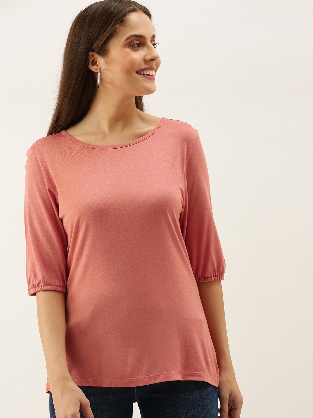 

all about you Women Peach-Coloured Solid Round Neck T-shirt