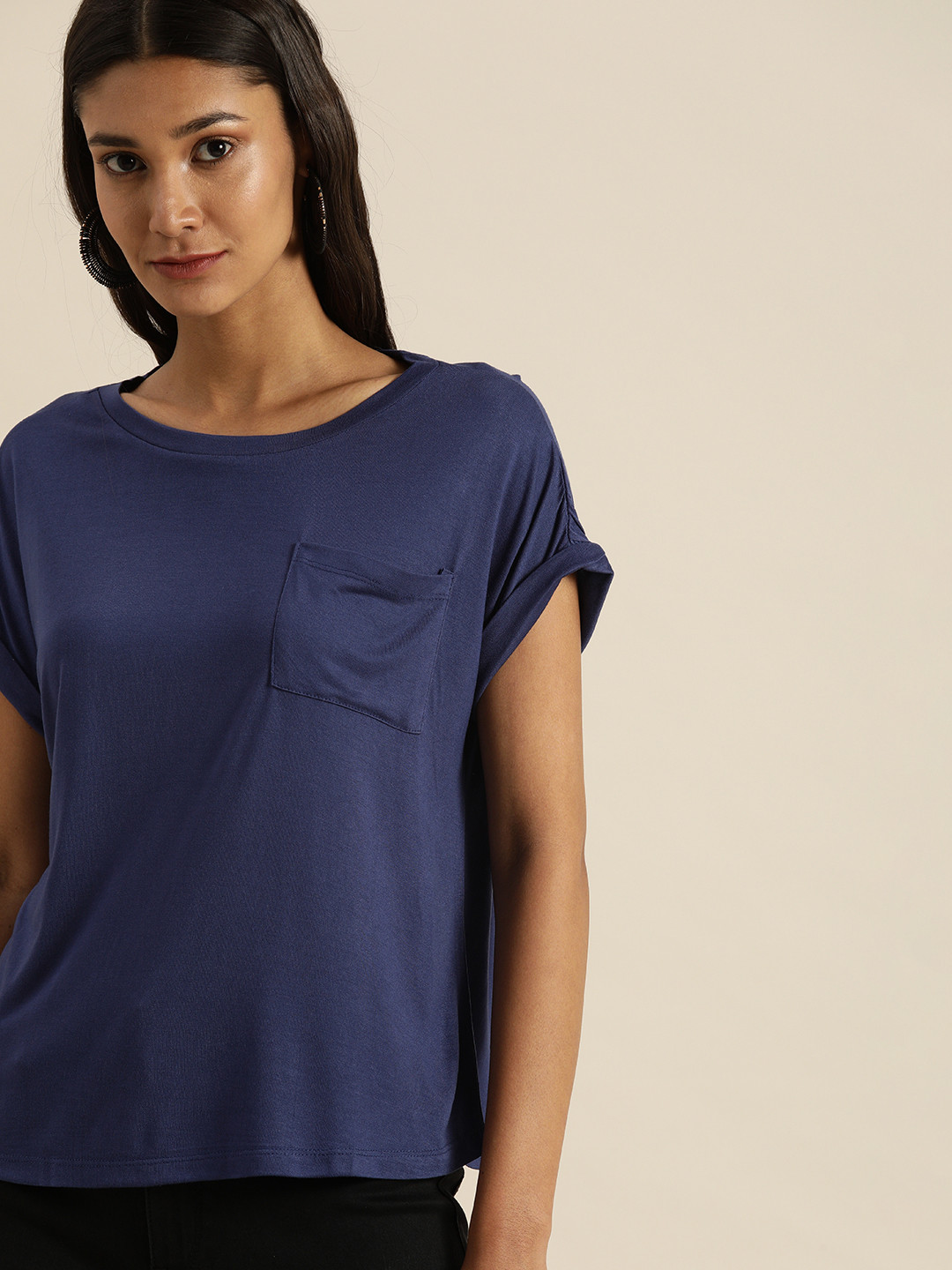 

all about you Women Navy Blue Extended Sleeves T-shirt