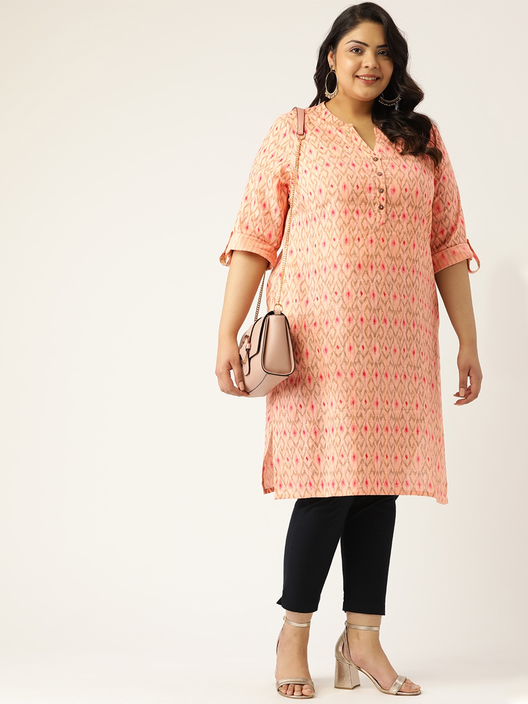

Sztori Women Plus Size Peach-Coloured & Pink Printed Pure Cotton Straight Kurta