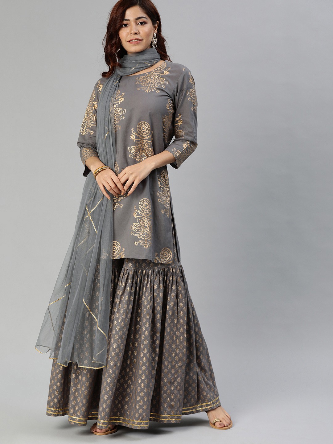 

Divena Women Grey & Gold-Coloured Foil Printed Kurta with Sharara & Dupatta