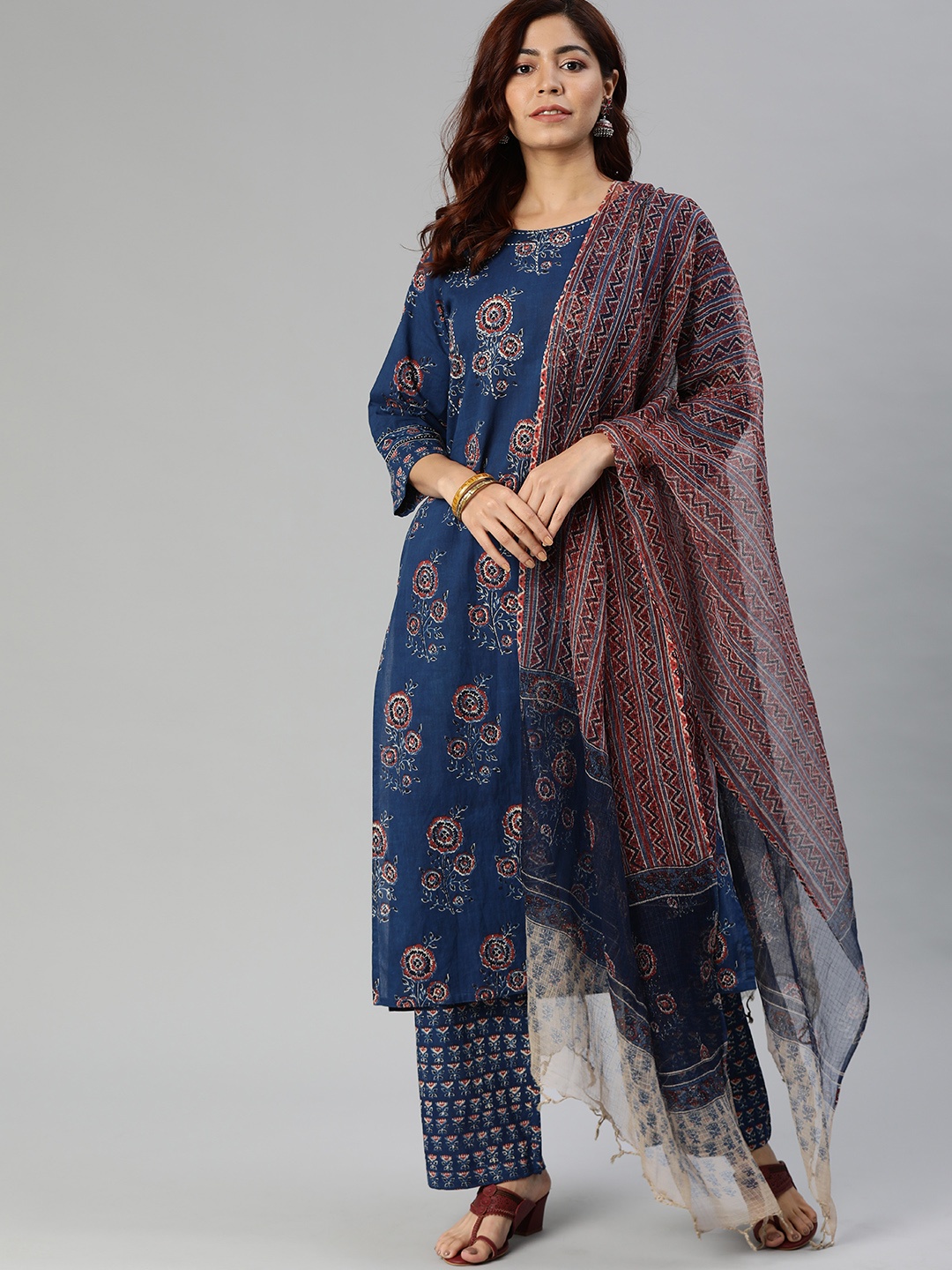 

Divena Women Navy Blue & Rust Red Floral Printed Kurta with Trousers & Dupatta