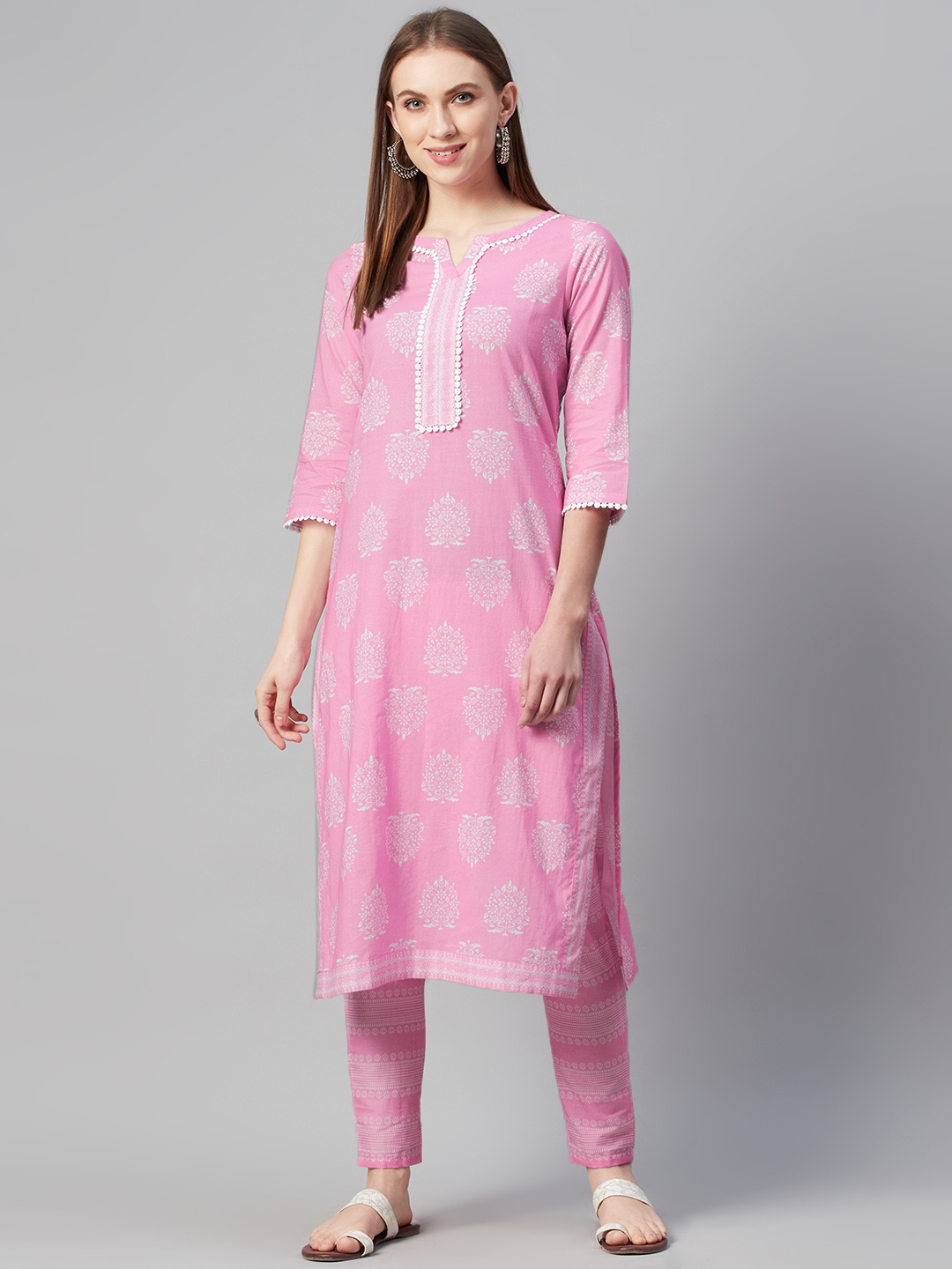 

ZIYAA Women Pink & Off-White Pure Cotton Printed Kurta with Trousers