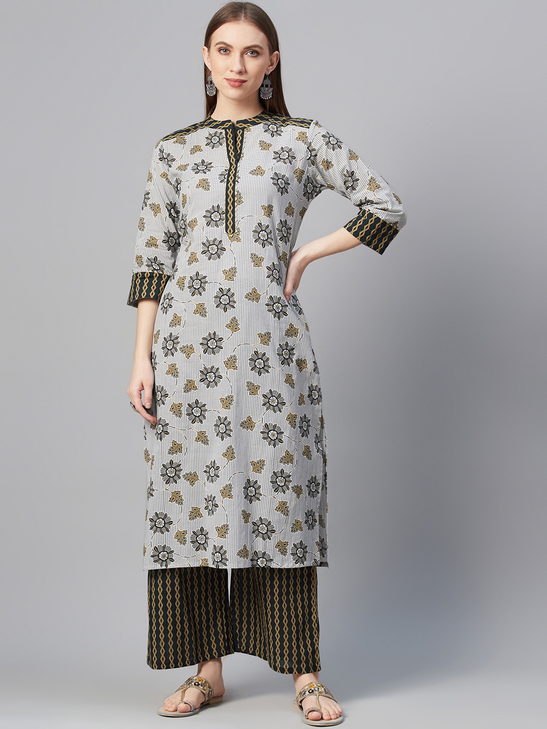 

ZIYAA Women Off-White & Green Ethnic Motifs Screen Print Pure Cotton Kurta with Palazzos