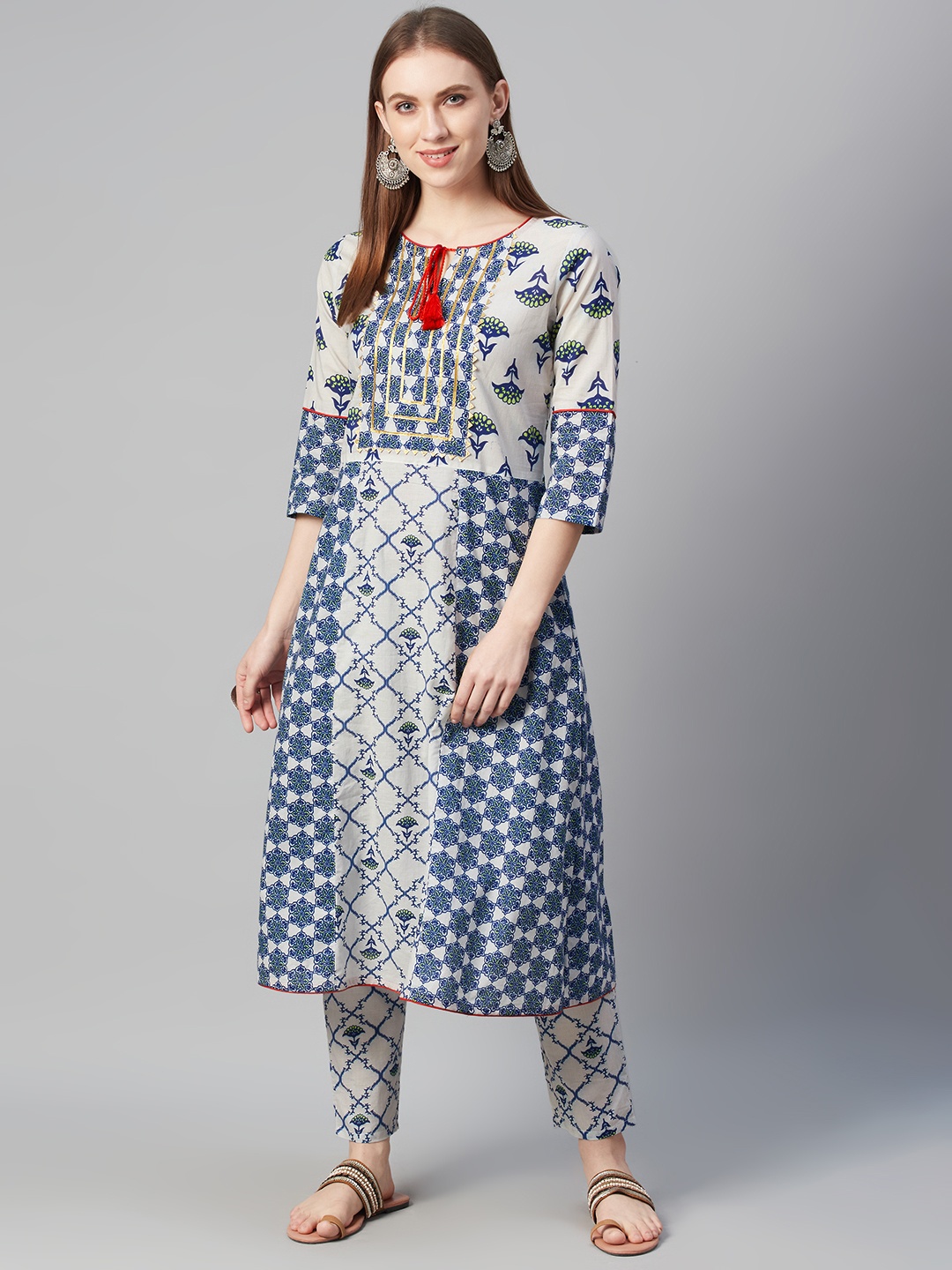

ZIYAA Women Blue & Off-White Printed Kurta with Trousers