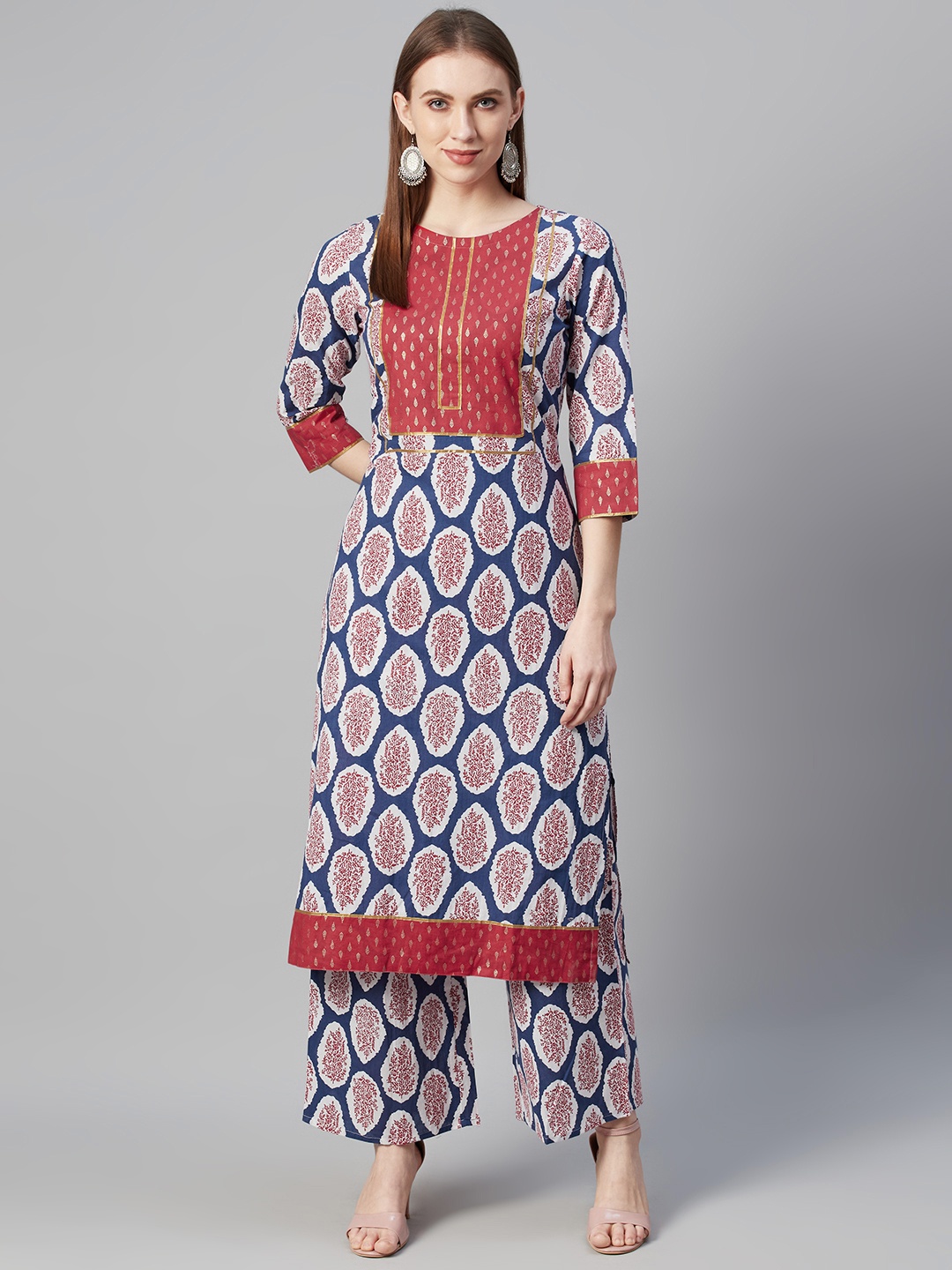 

ZIYAA Women Blue & Red Printed Cotton Kurta with Palazzos