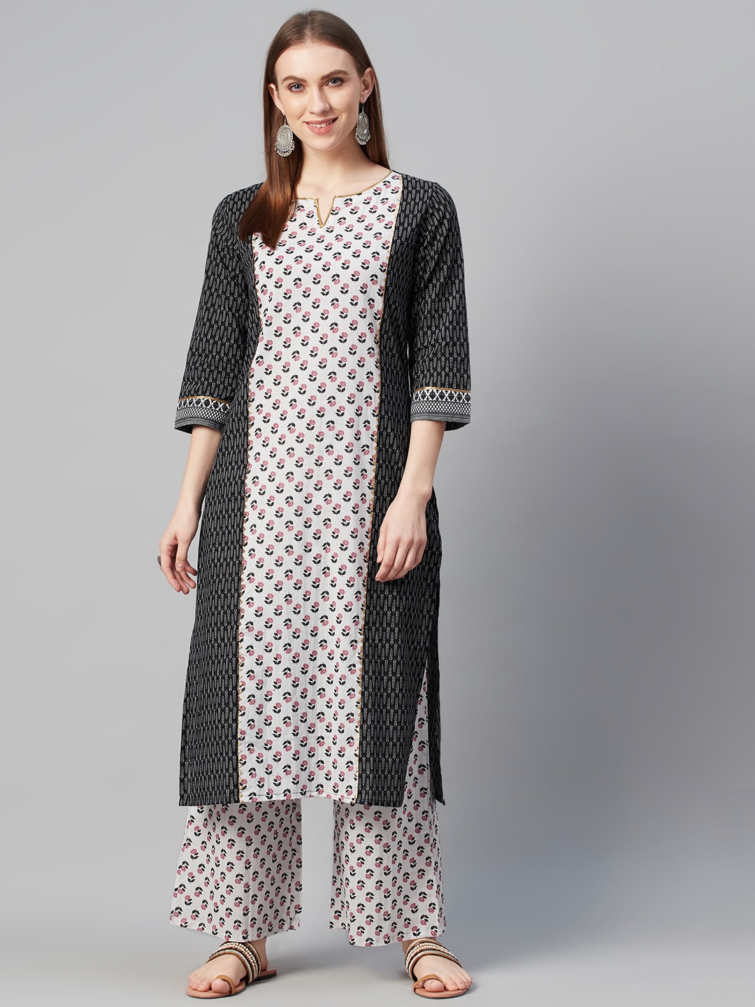 

ZIYAA Women Black & White Floral Screen Printed Pure Cotton Kurta Set