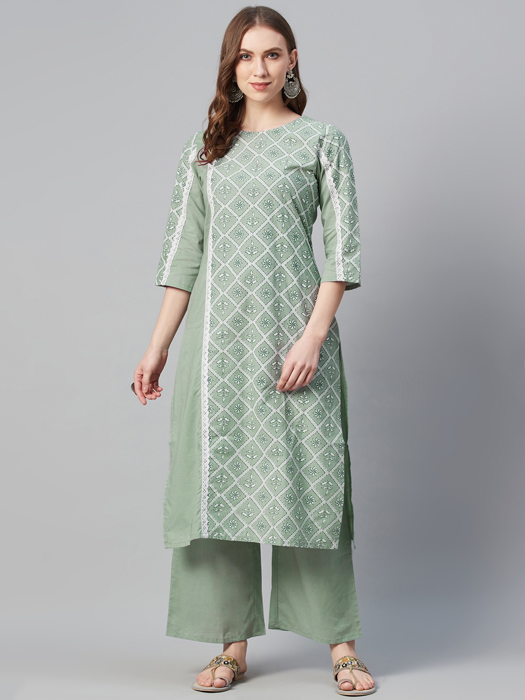 

ZIYAA Women Green & White Pure Cotton Screen Print Kurta with Palazzos