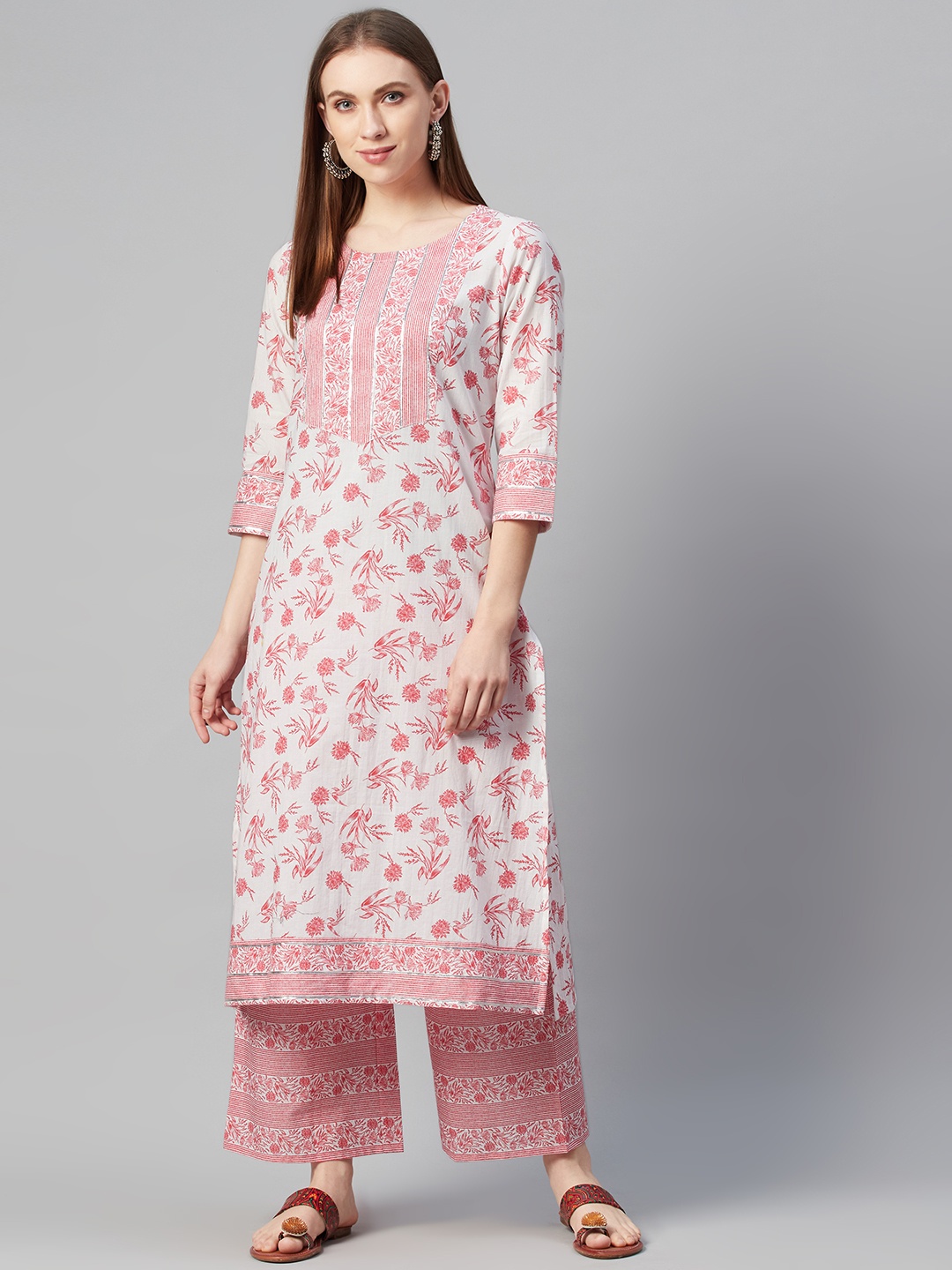 

ZIYAA Women White & Red Pure Cotton Floral Print Kurta with Palazzos