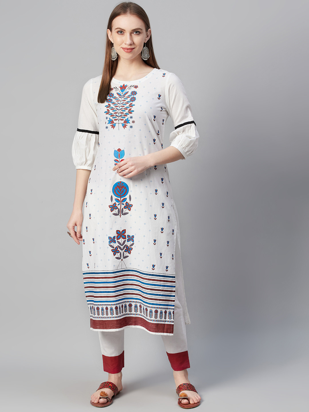 

ZIYAA Women White & Blue Khari Printed Pure Cotton Kurta with Palazzos