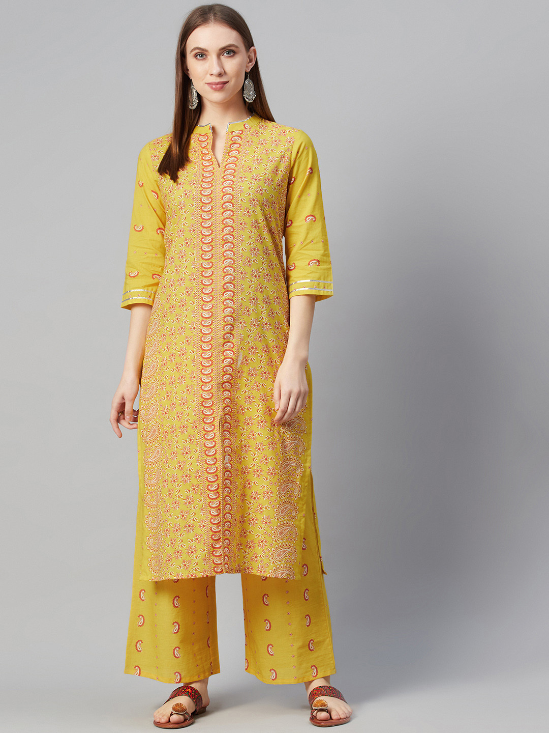 

ZIYAA Women Yellow Ethnic Motifs Screen Print Pure Cotton Kurta with Palazzos