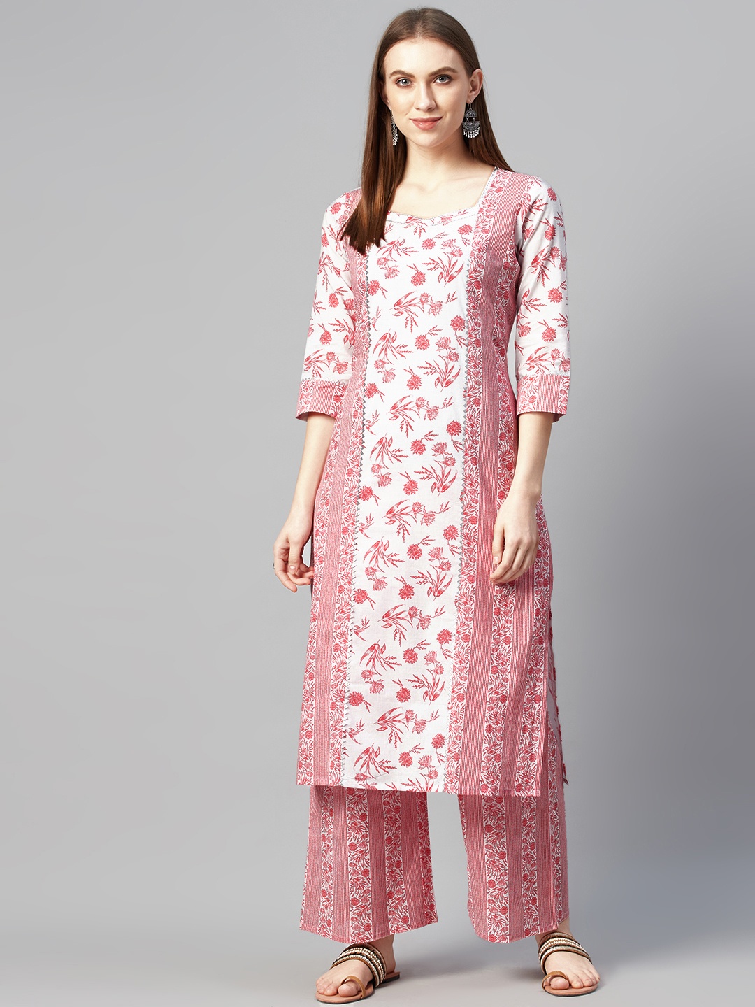 

ZIYAA Women White & Red Floral Screen Printed Pure Cotton Kurta Set
