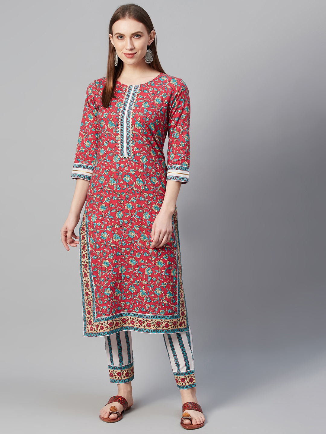 

ZIYAA Women Red & Beige Pure Cotton Screen Print Kurta with Trousers